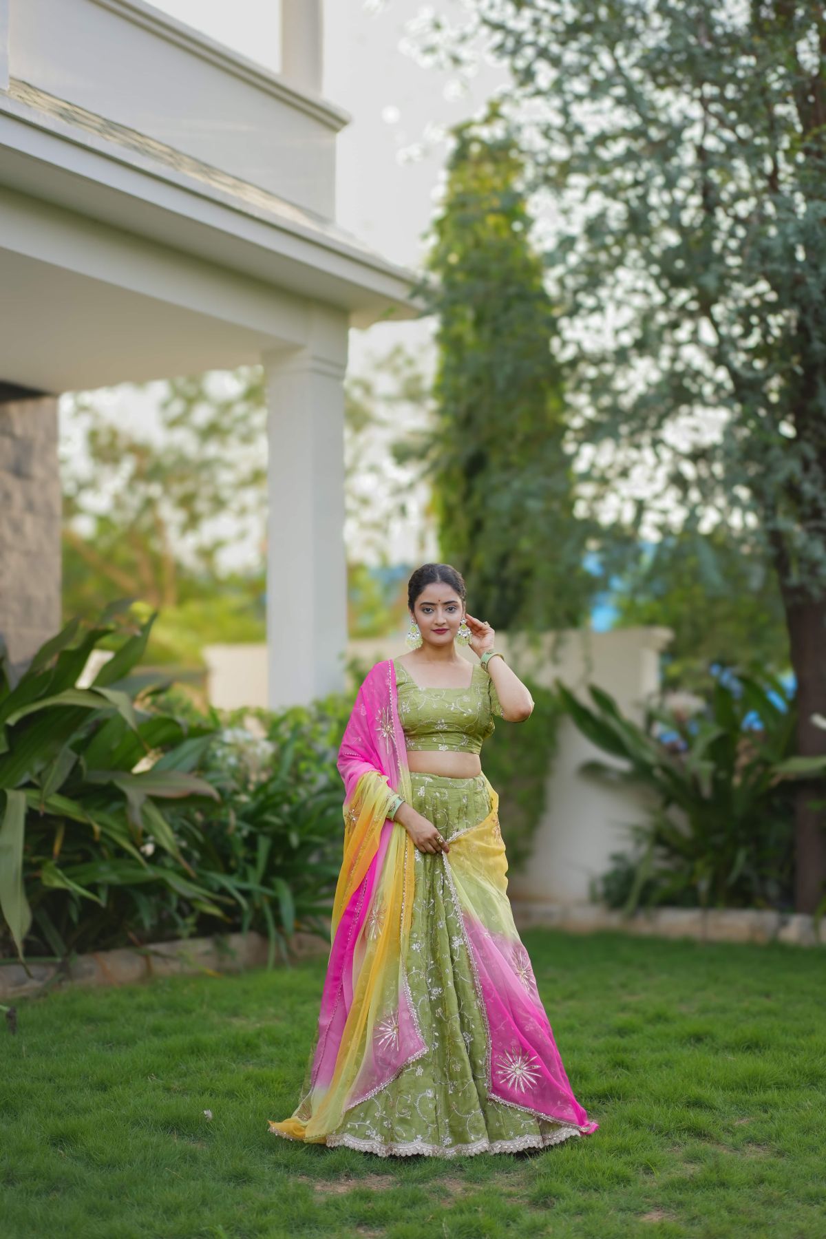 Sitara – Tea Green Gold Crush Lehenga Set with Hand-Embroidered Dupatta