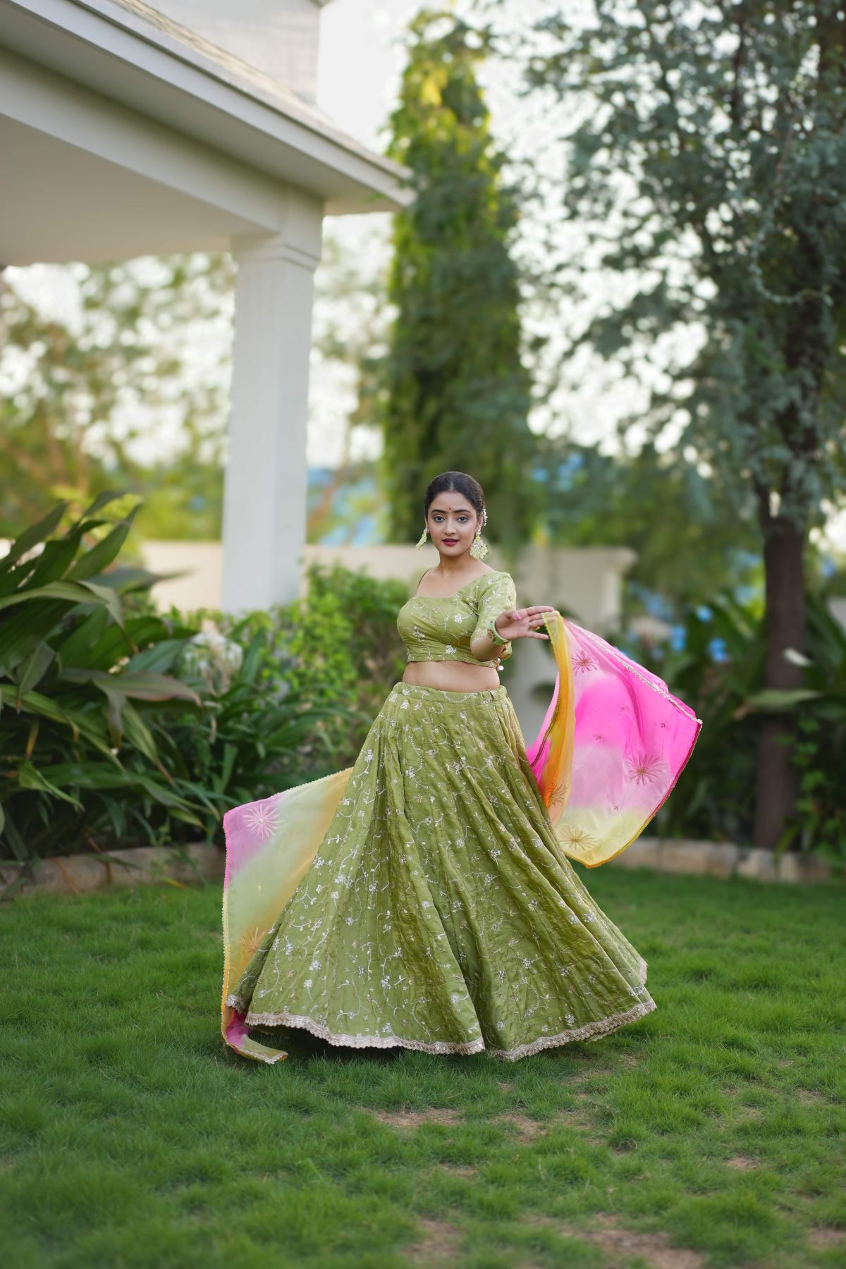 Sitara – Tea Green Gold Crush Lehenga Set with Hand-Embroidered Dupatta 3