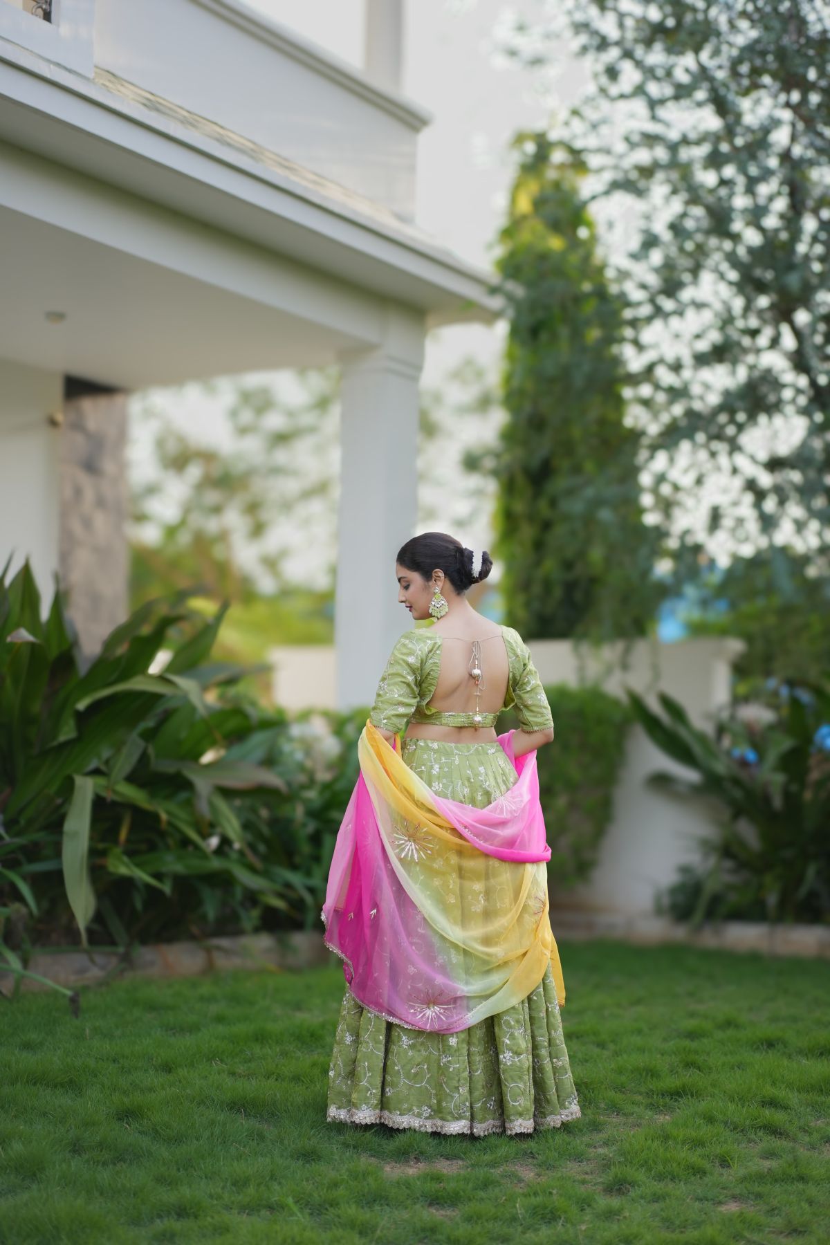 Sitara – Tea Green Gold Crush Lehenga Set with Hand-Embroidered Dupatta 4