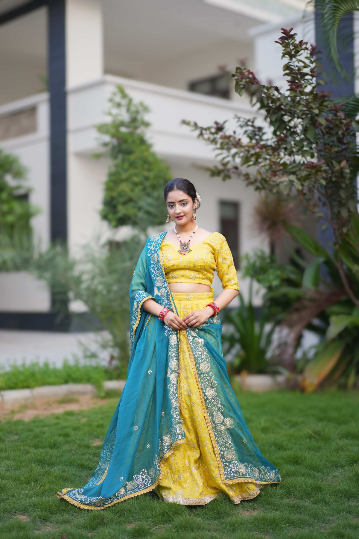 Sunlit Citrus Lehenga Set with Teal Pittan Work Dupatta 