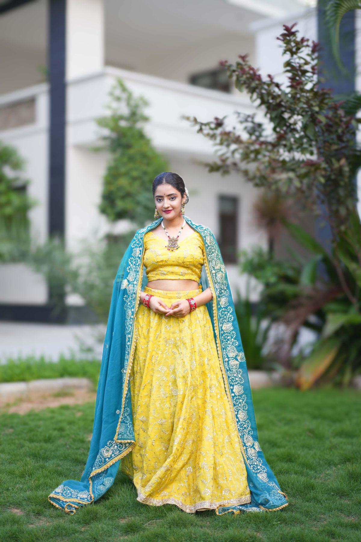 Sunlit Citrus Lehenga Set with Teal Pittan Work Dupatta  2