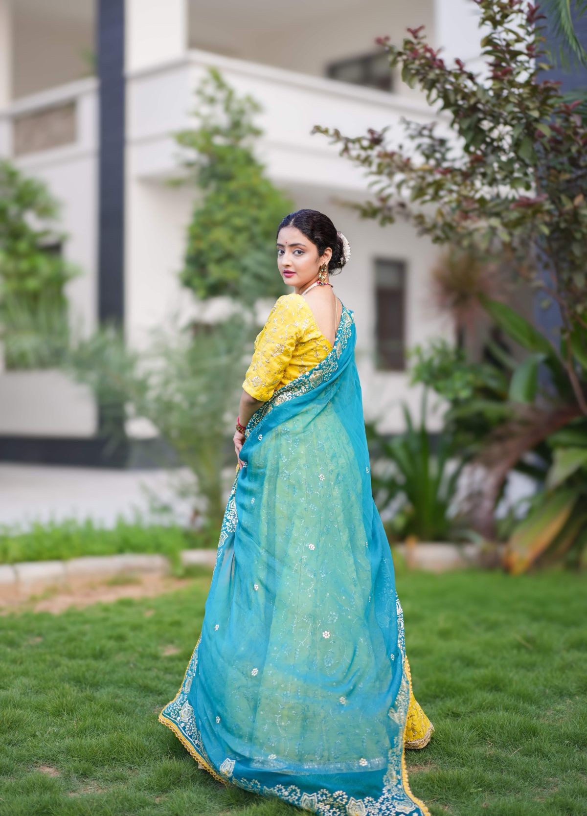Sunlit Citrus Lehenga Set with Teal Pittan Work Dupatta  3