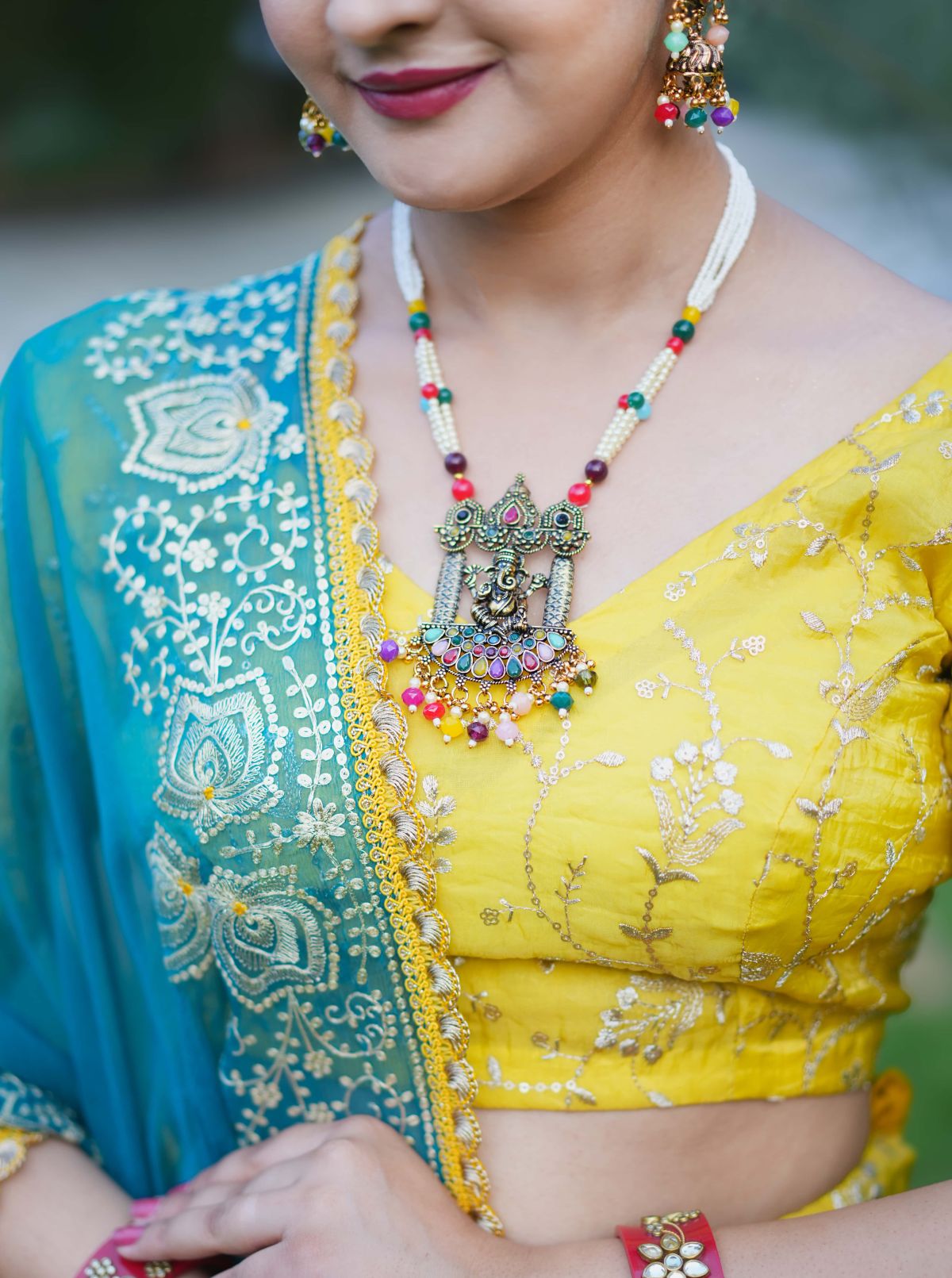 Sunlit Citrus Lehenga Set with Teal Pittan Work Dupatta  5