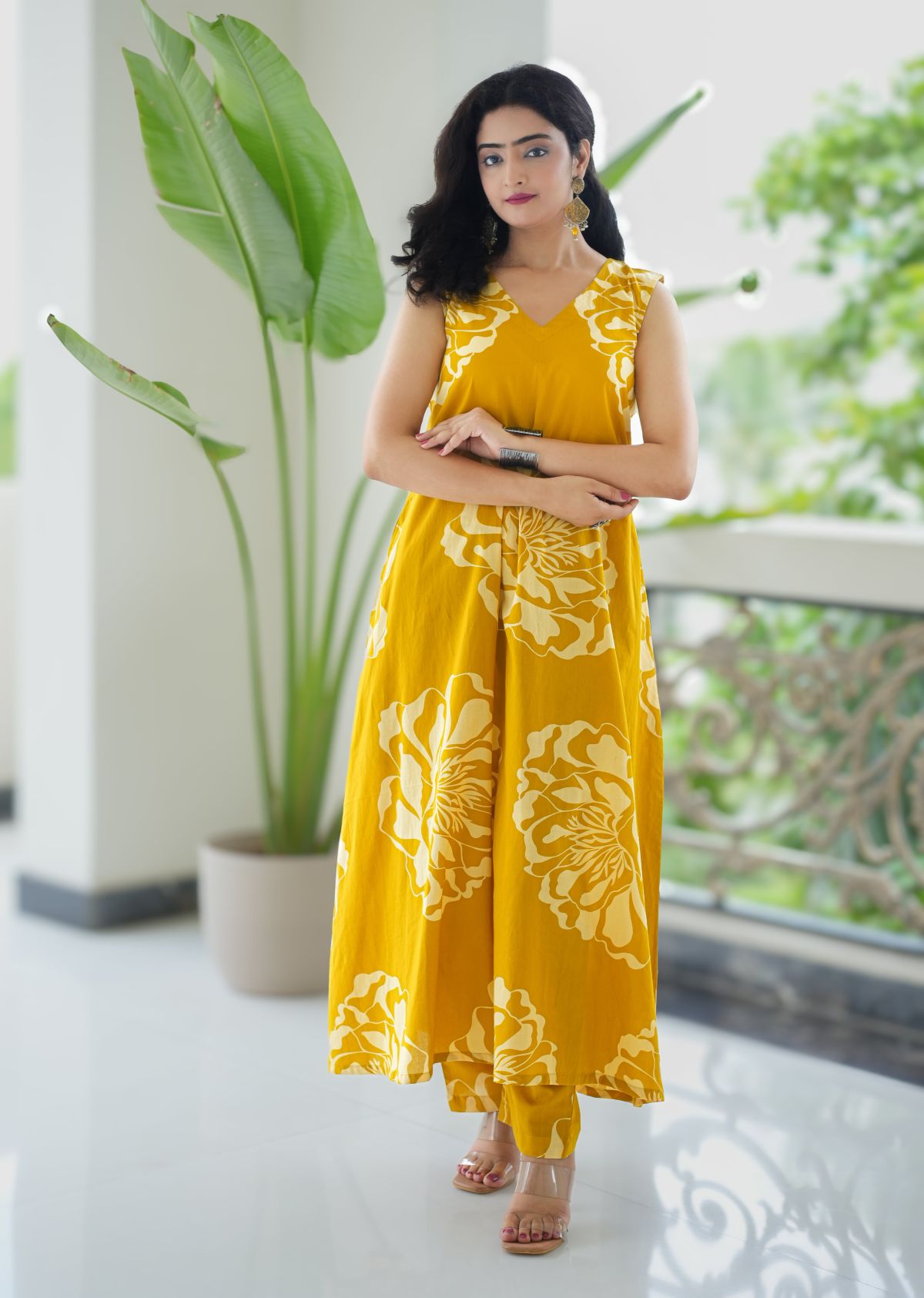 Gulnar Mustard Yellow Printed A-Line Cord Suit Set - Marudhaga