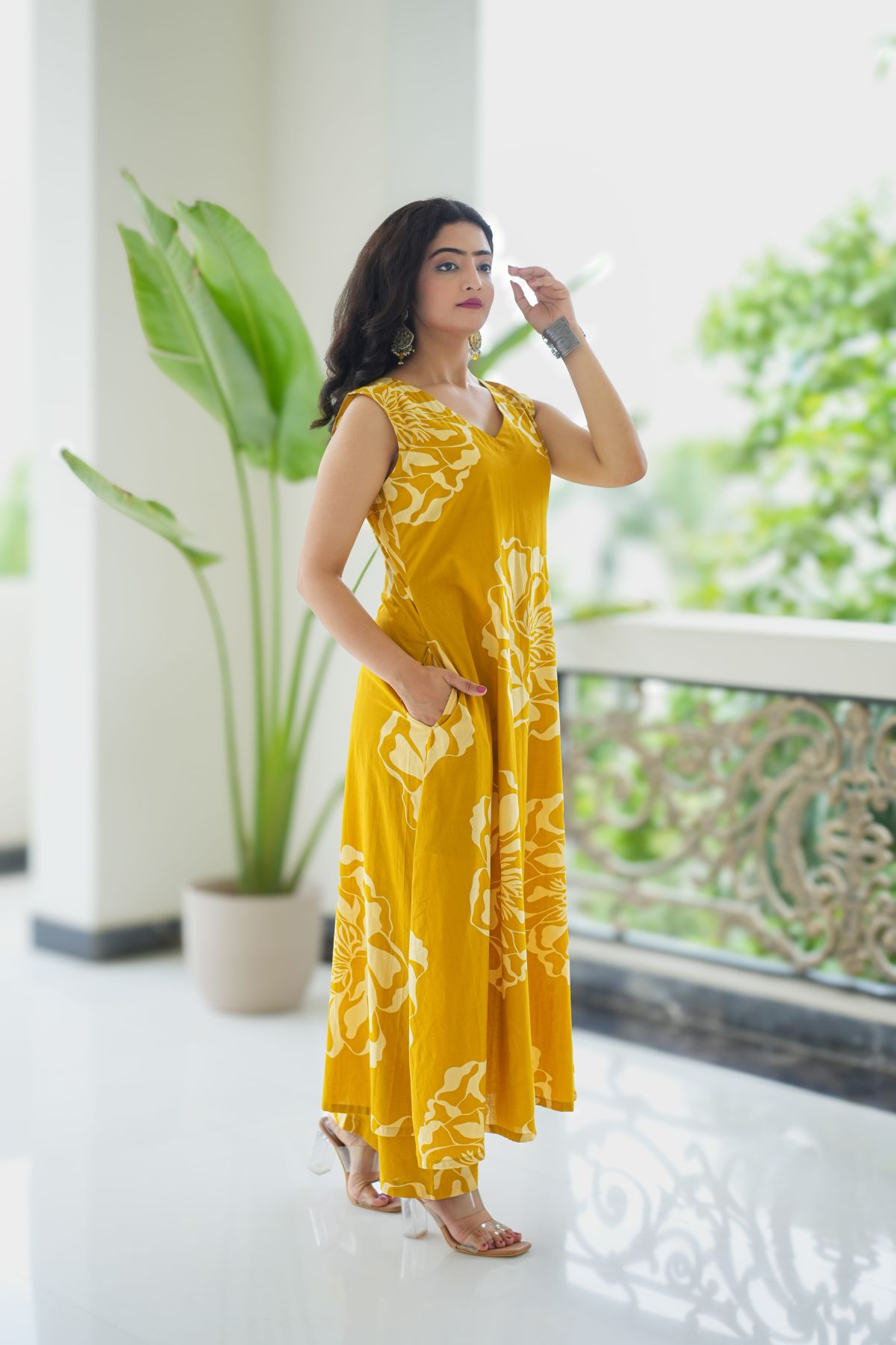 Gulnar Mustard Yellow Printed A Line Cord Suit Set   2