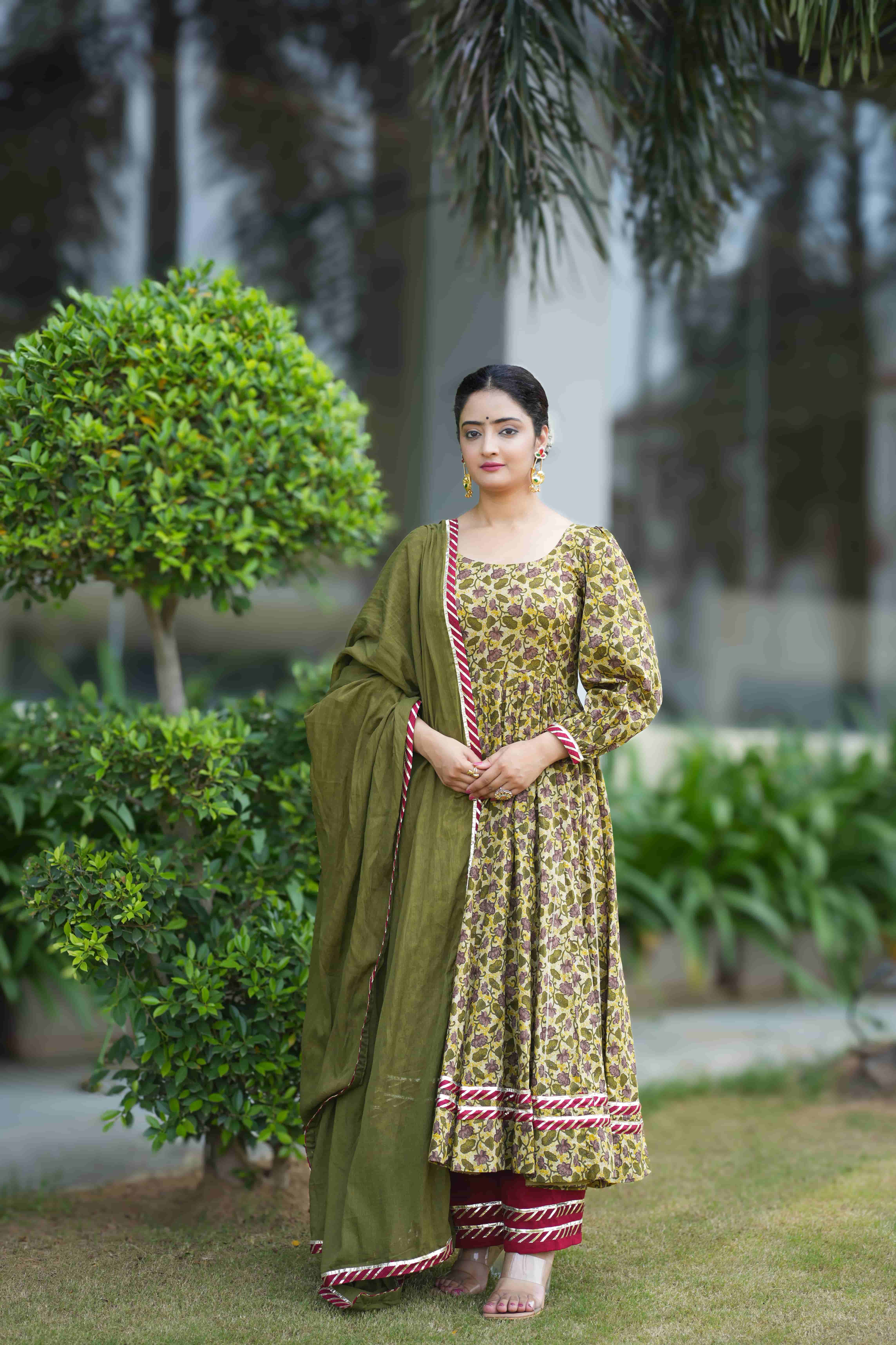 Vrindaa Olive Floral Cotton Anarkali Suit Set - Marudhaga