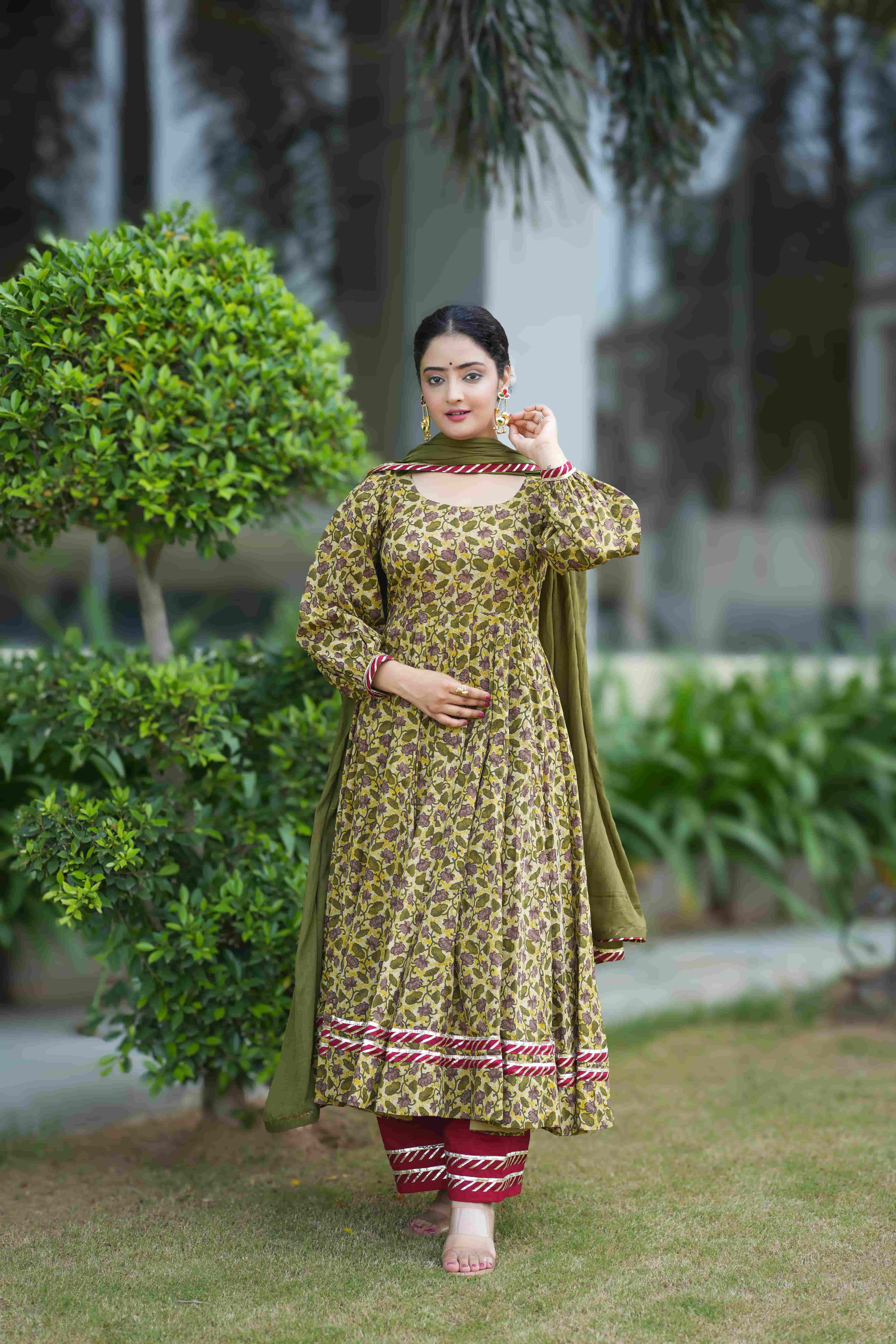 Vrindaa Olive Floral Cotton Anarkali Suit Set 2