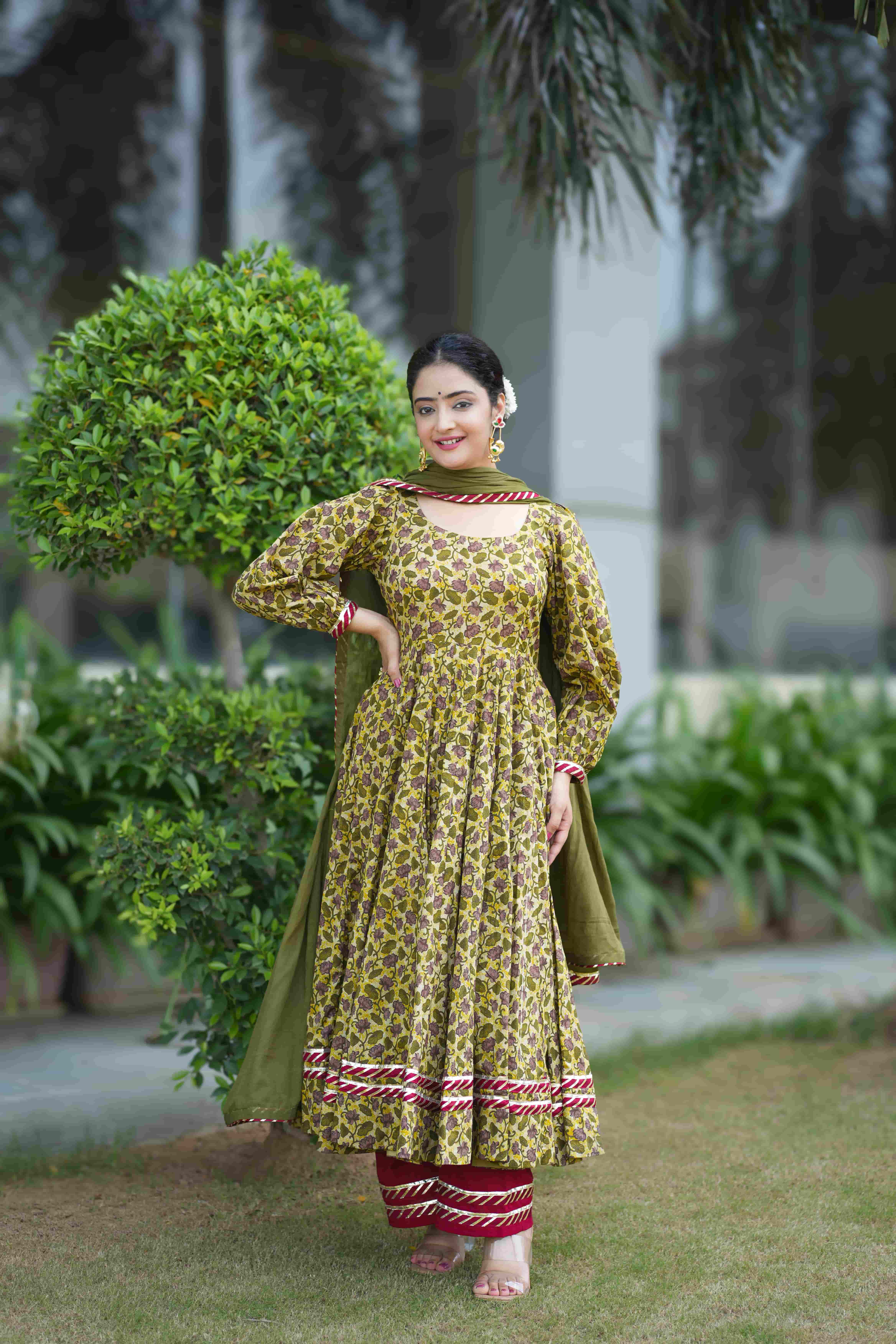Vrindaa Olive Floral Cotton Anarkali Suit Set 3