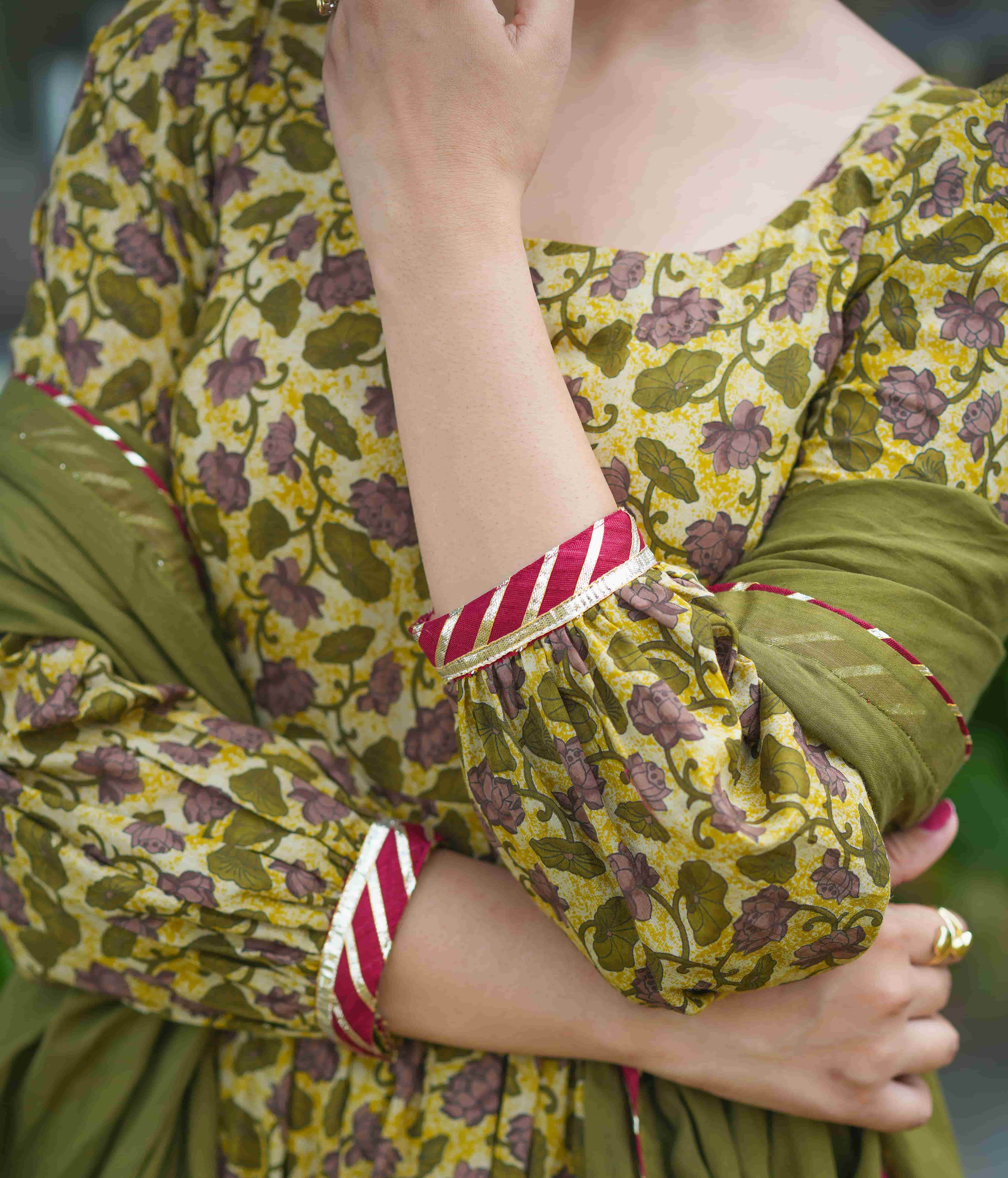 Vrindaa Olive Floral Cotton Anarkali Suit Set 5