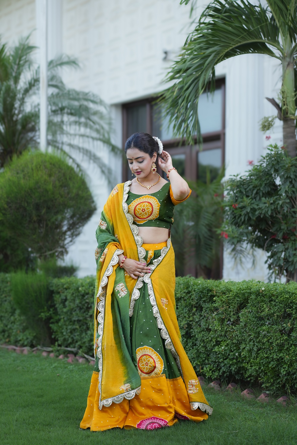 Taari Bandhani - Green Yellow Lehenga Set 5