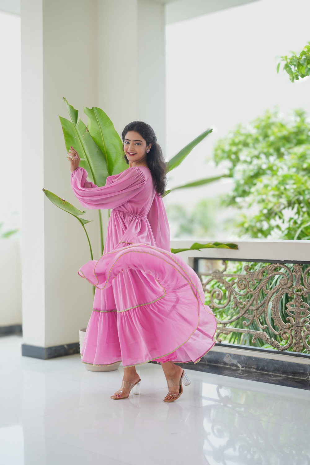  Zahra: Baby Pink Georgette Frill Dress  5