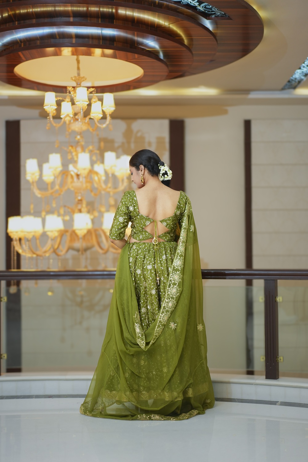 Olive Gold Crush Lehenga Set with Matching Dupatta 2