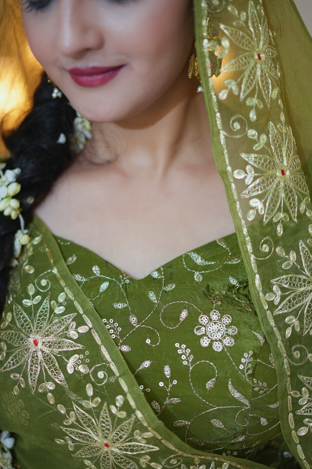 Olive Gold Crush Lehenga Set with Matching Dupatta 3