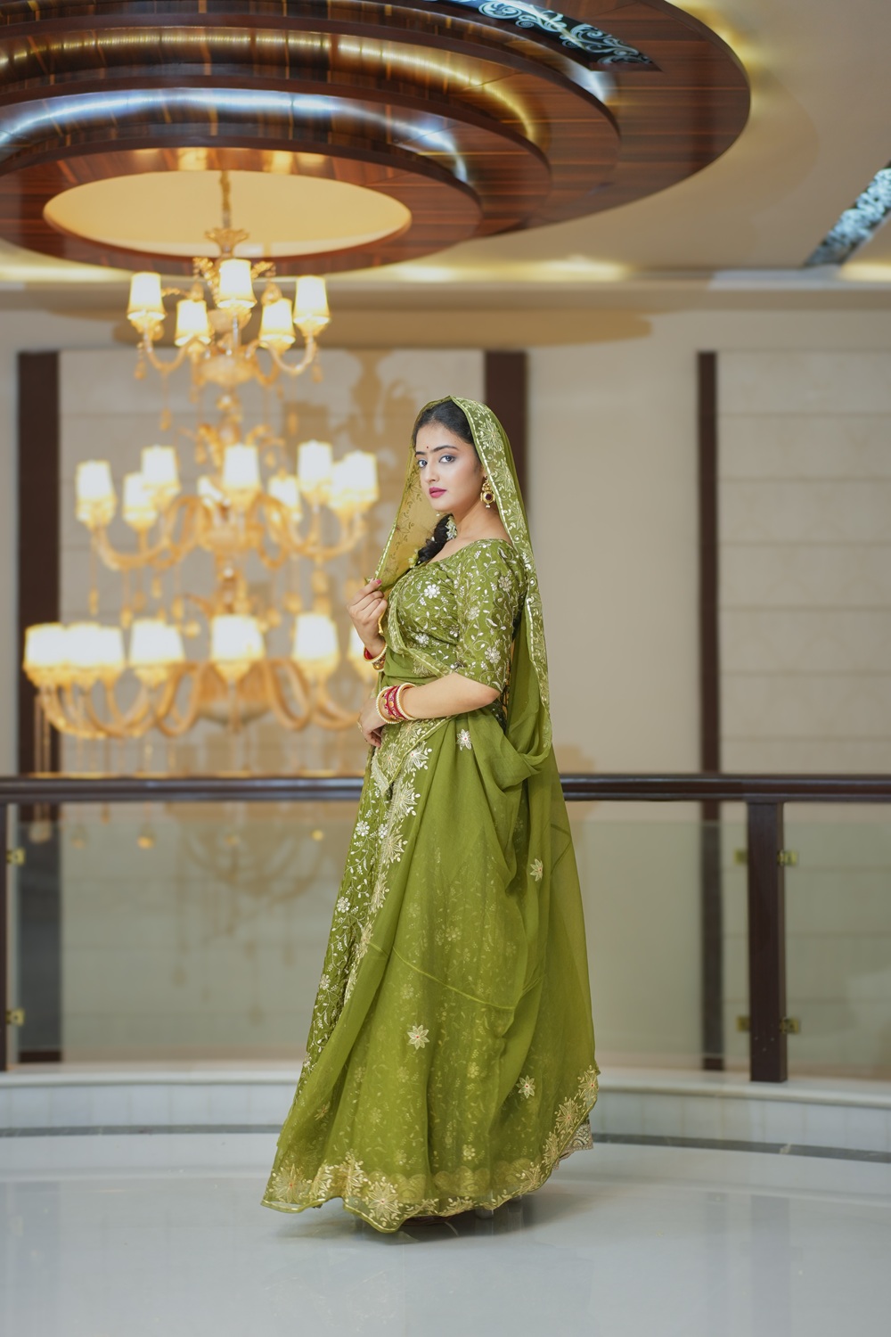 Olive Gold Crush Lehenga Set with Matching Dupatta 5