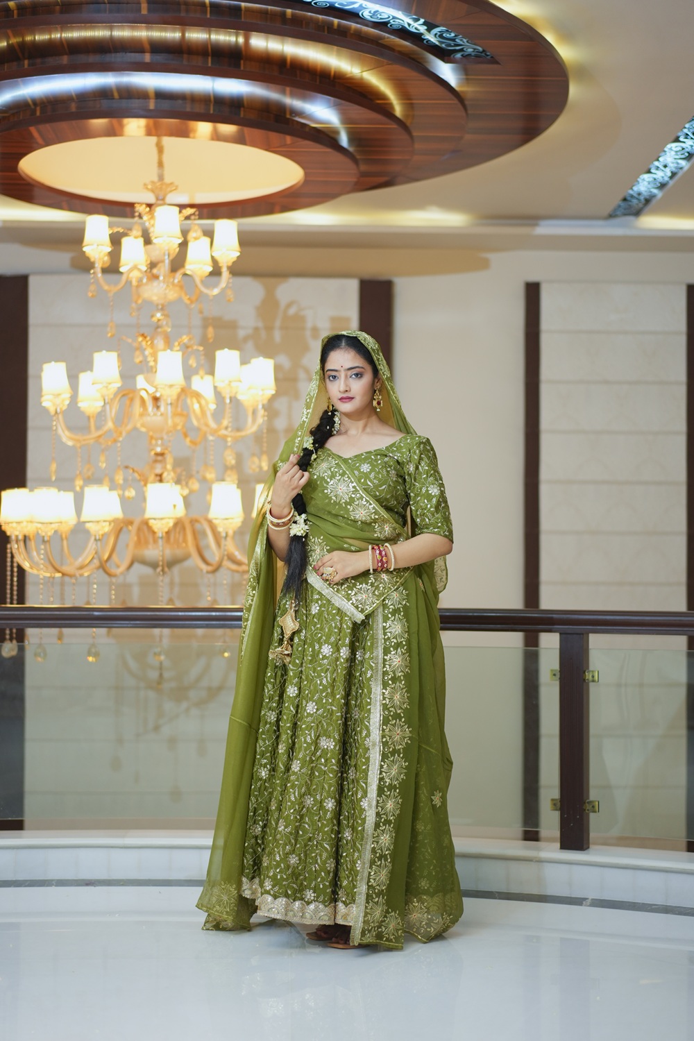 Olive Gold Crush Lehenga Set with Matching Dupatta 4