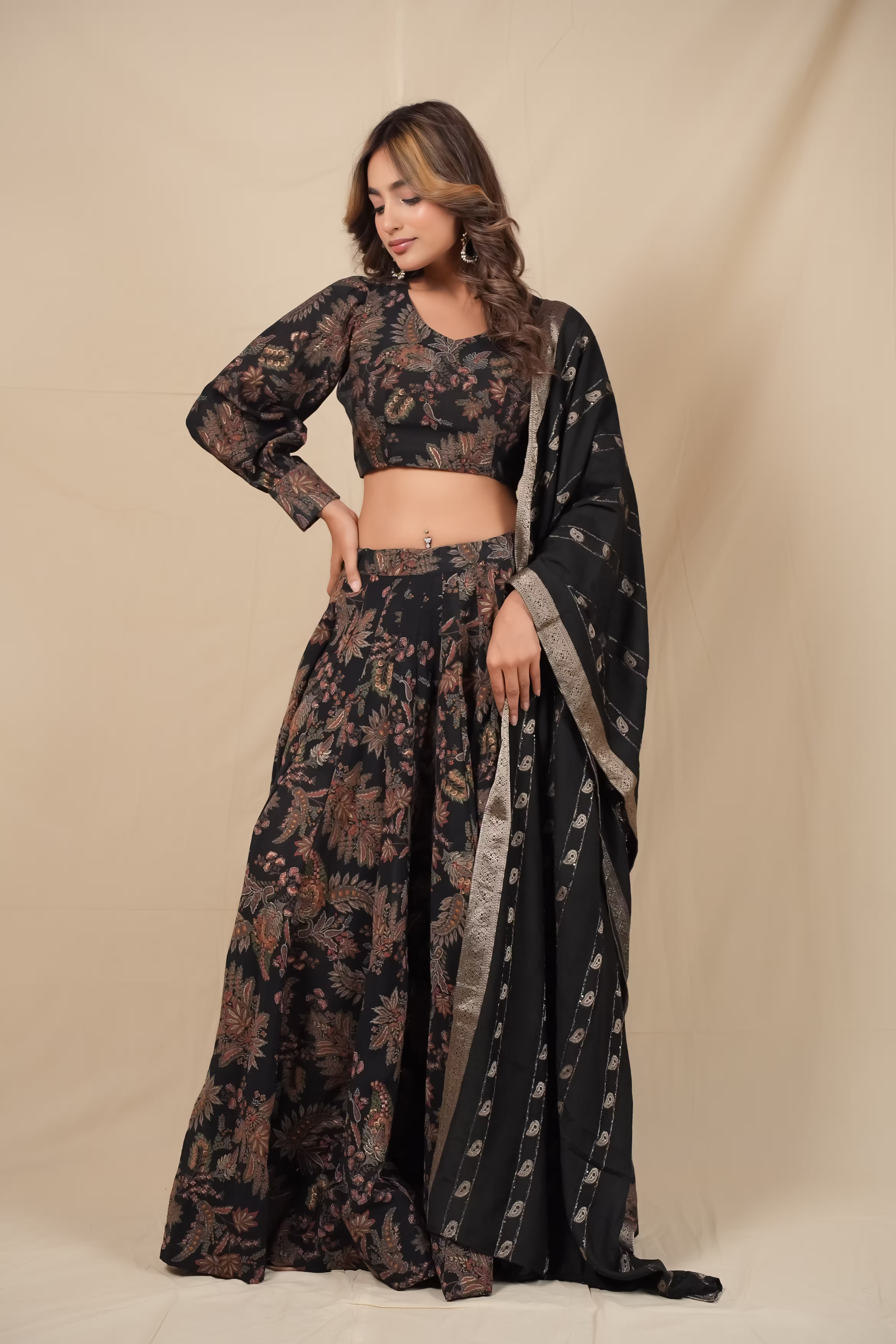Floral Paisley Lehenga Set in Silk Chiffon