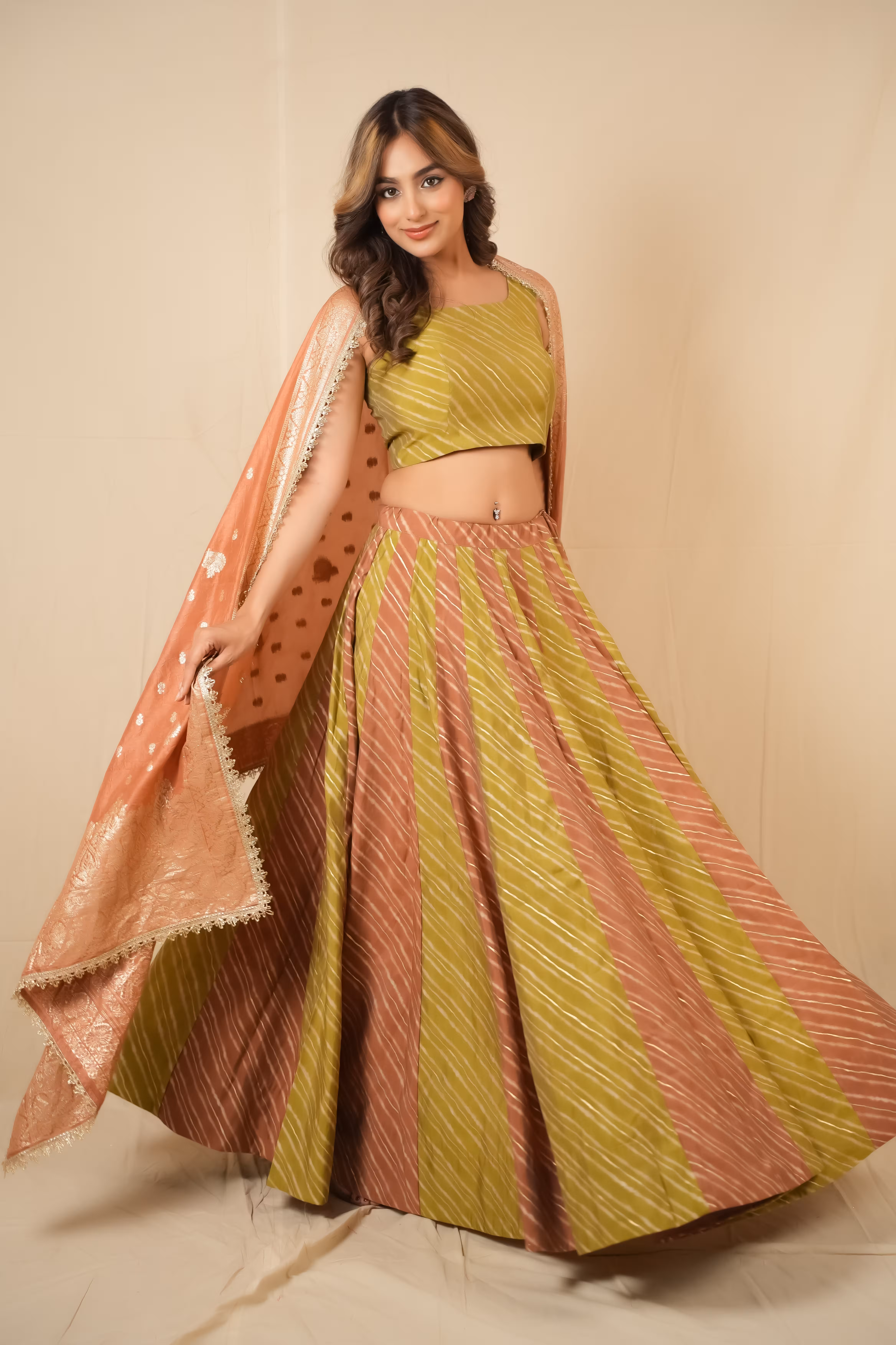 Sunehra Peach-Green Leheriya Lehenga Set 3