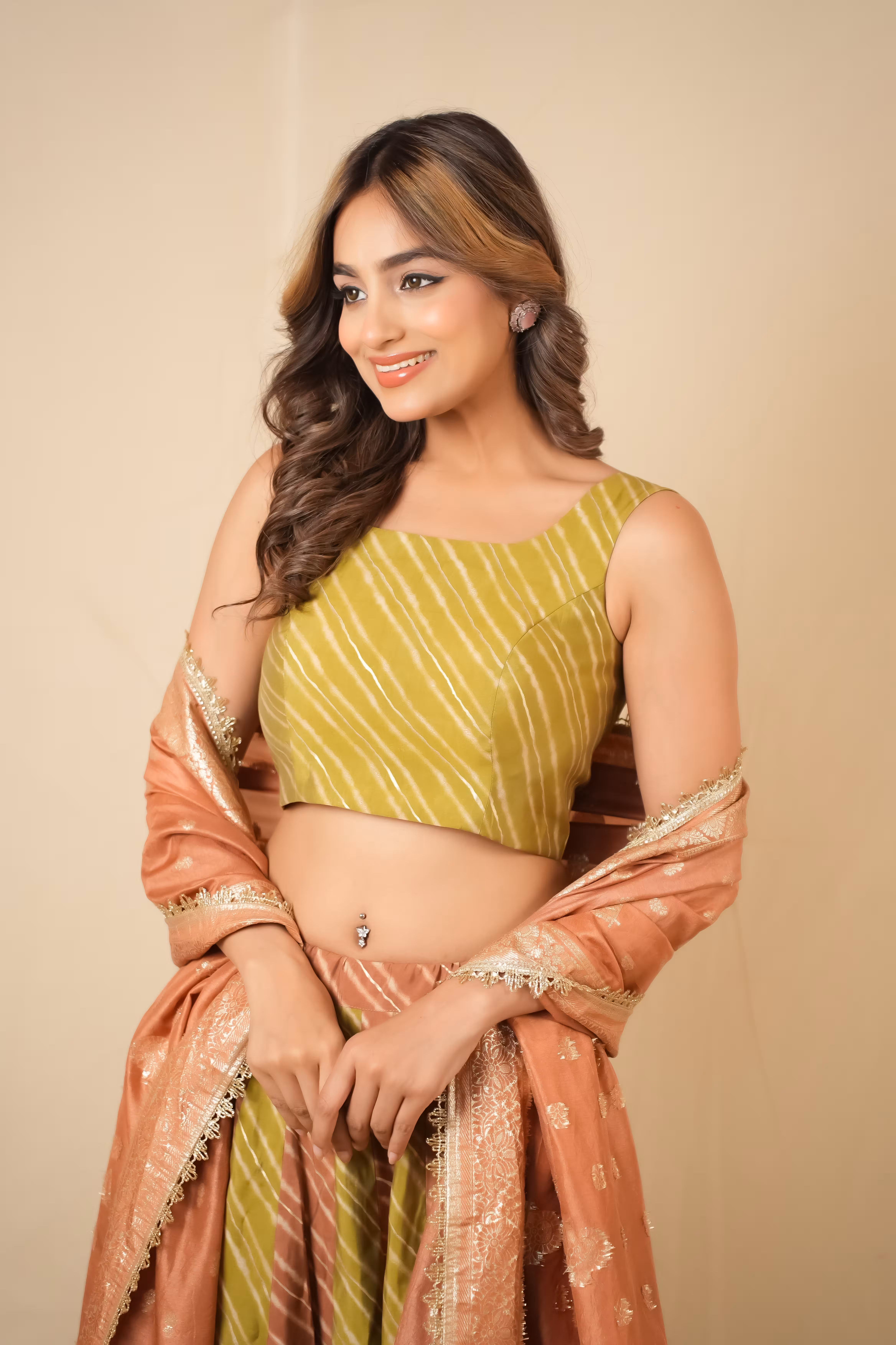 Sunehra Peach-Green Leheriya Lehenga Set 4
