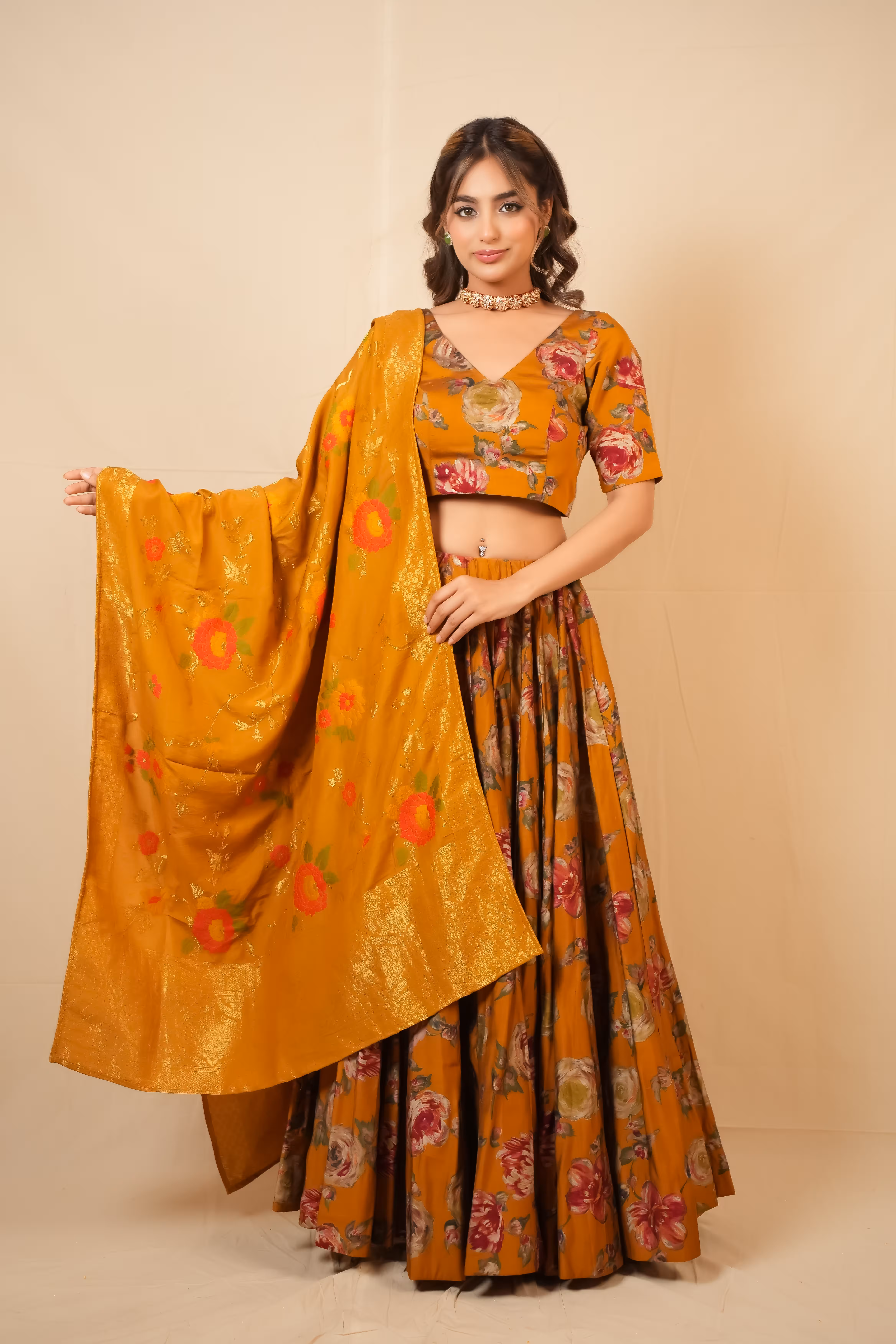 Gulnaar Mustard Floral Foil Lehenga Set  2