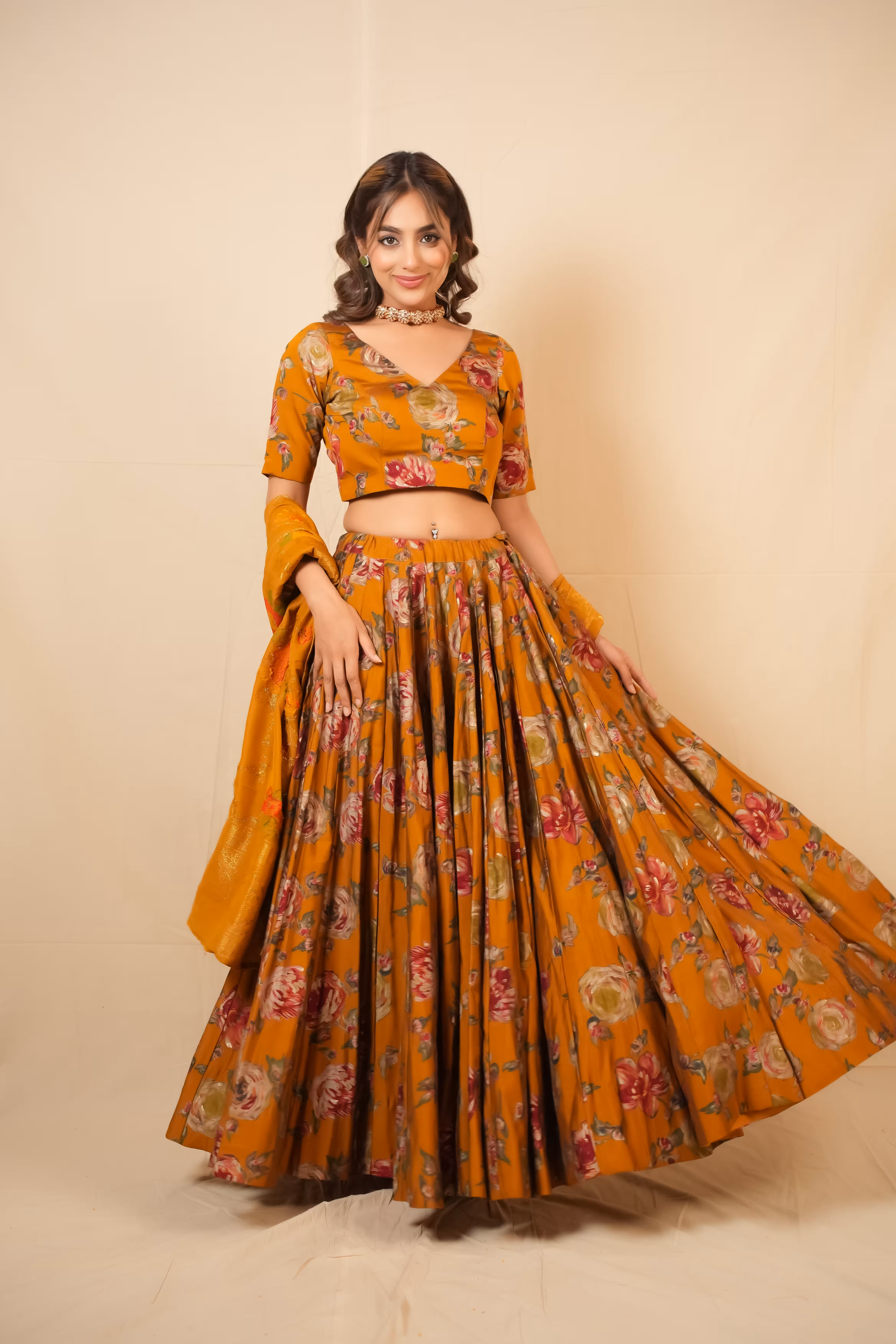 Gulnaar Mustard Floral Foil Lehenga Set  3