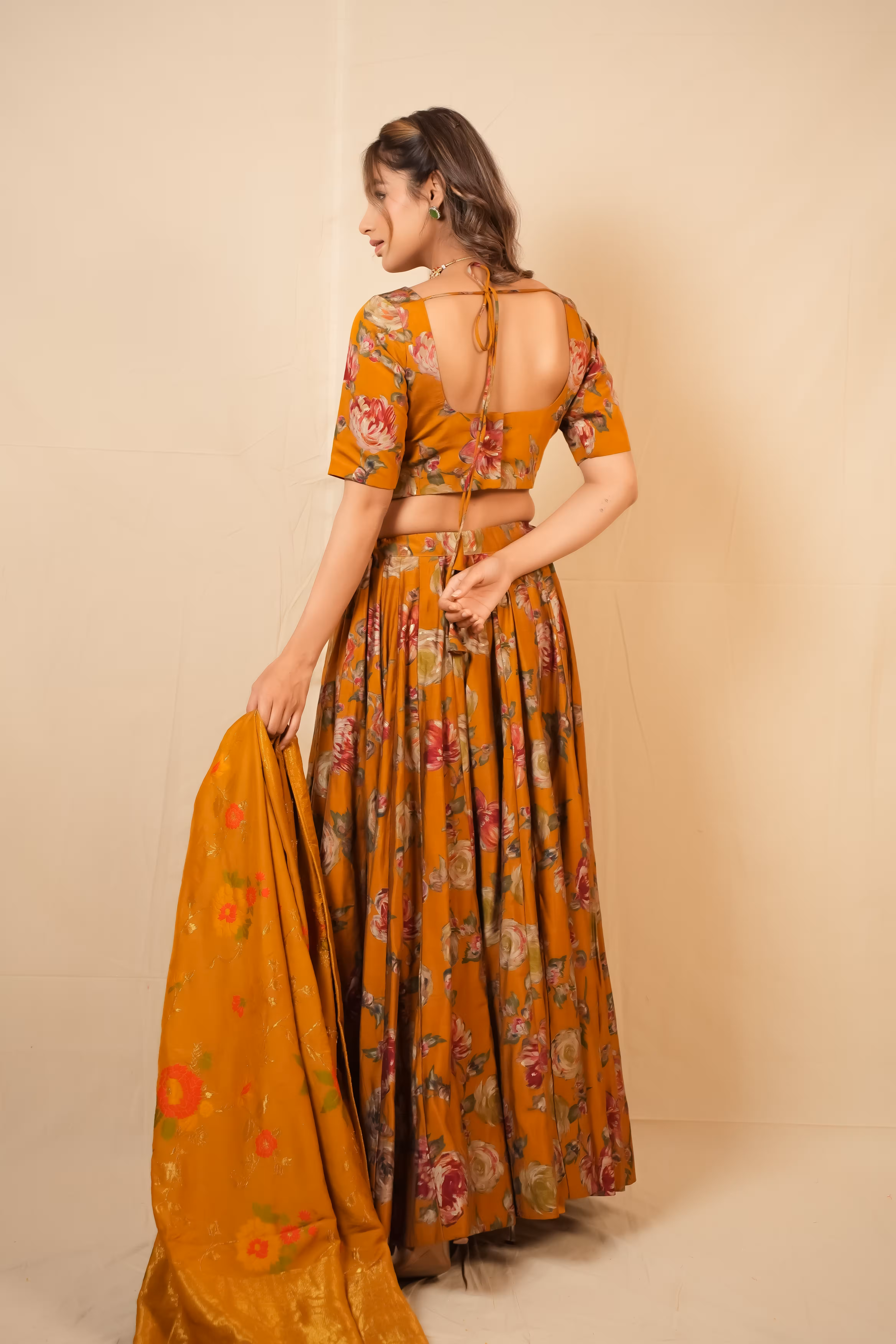 Gulnaar Mustard Floral Foil Lehenga Set  4