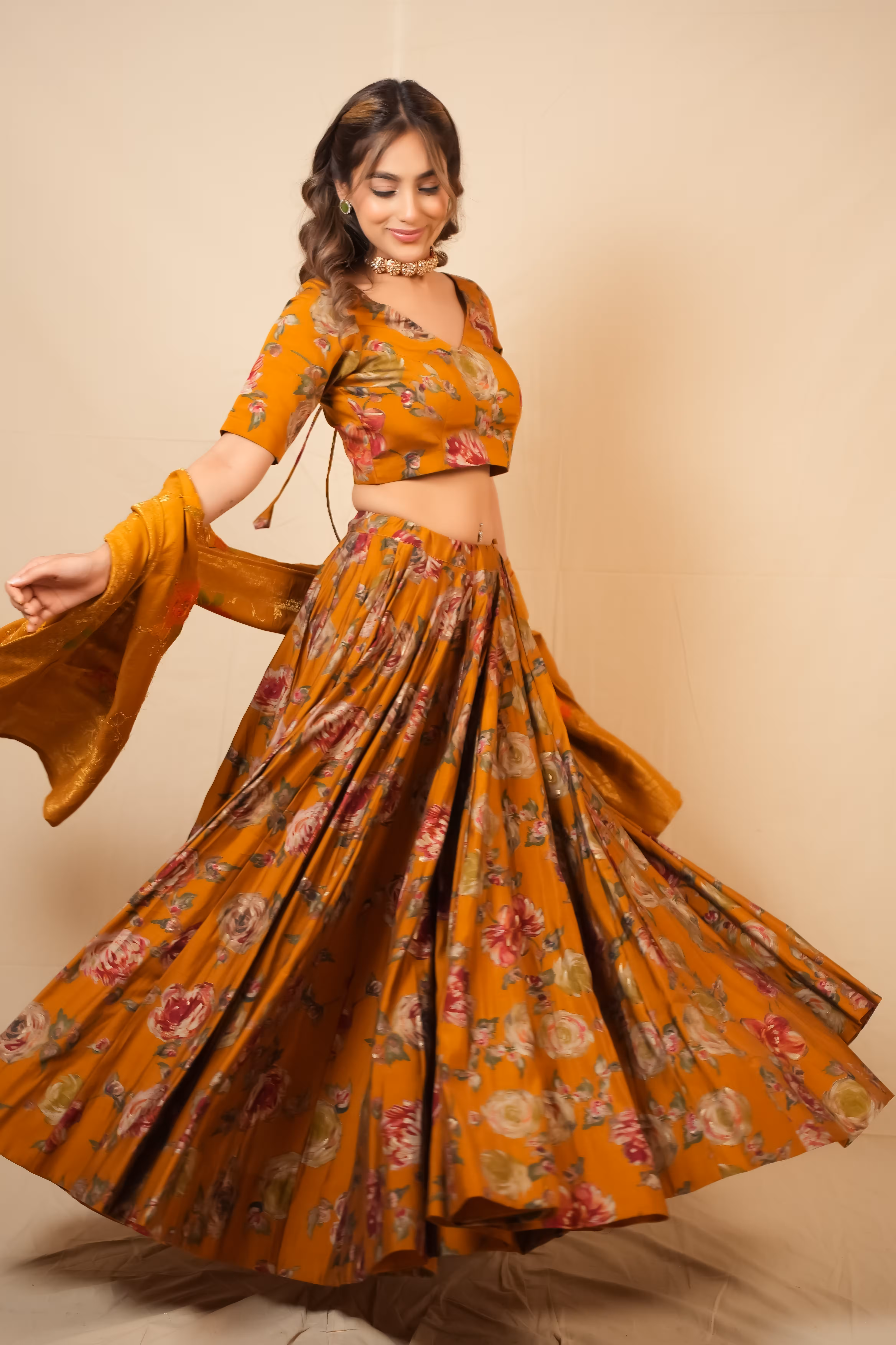Gulnaar Mustard Floral Foil Lehenga Set  5