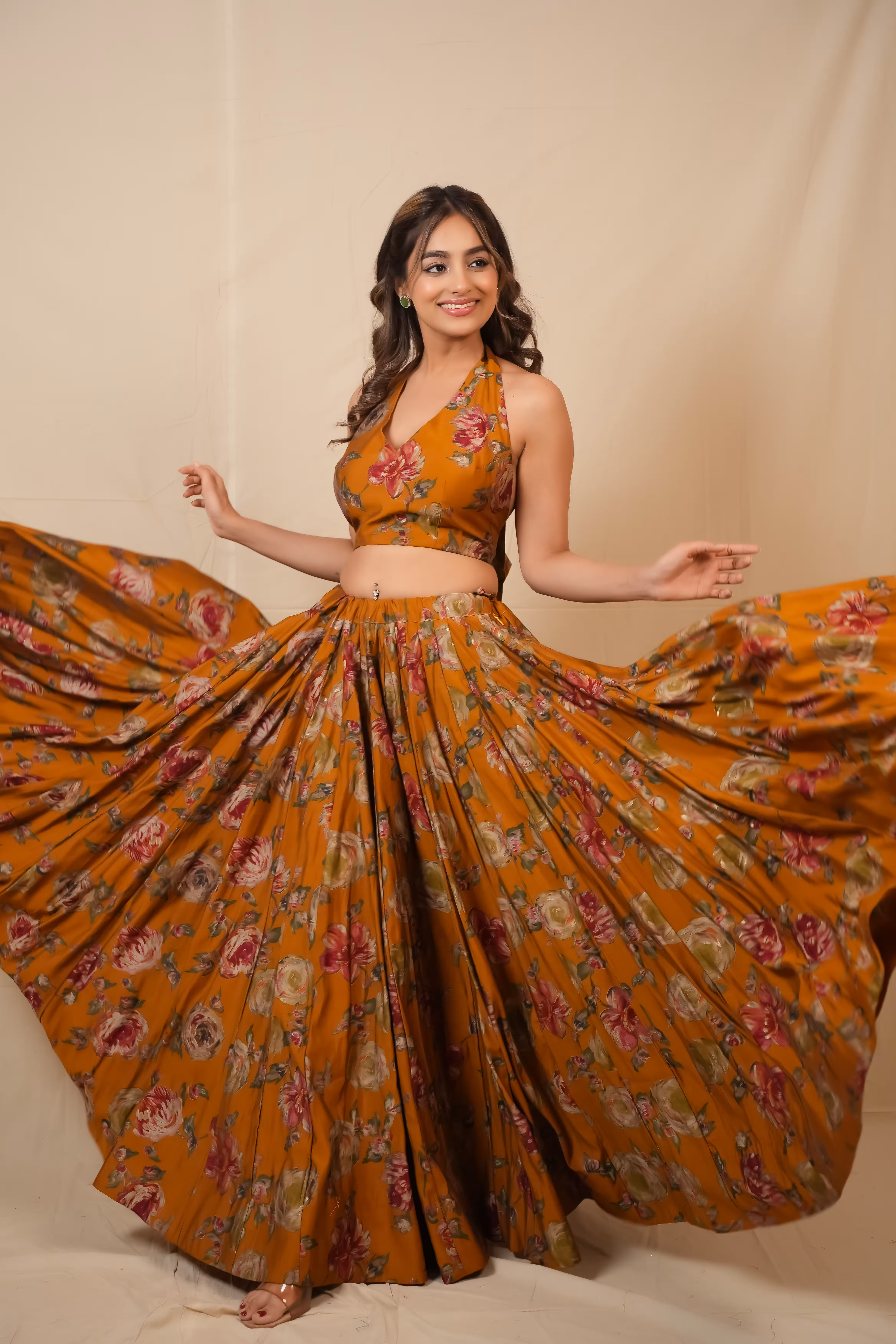 Gulnaar Mustard Floral Foil Lehenga Set  6