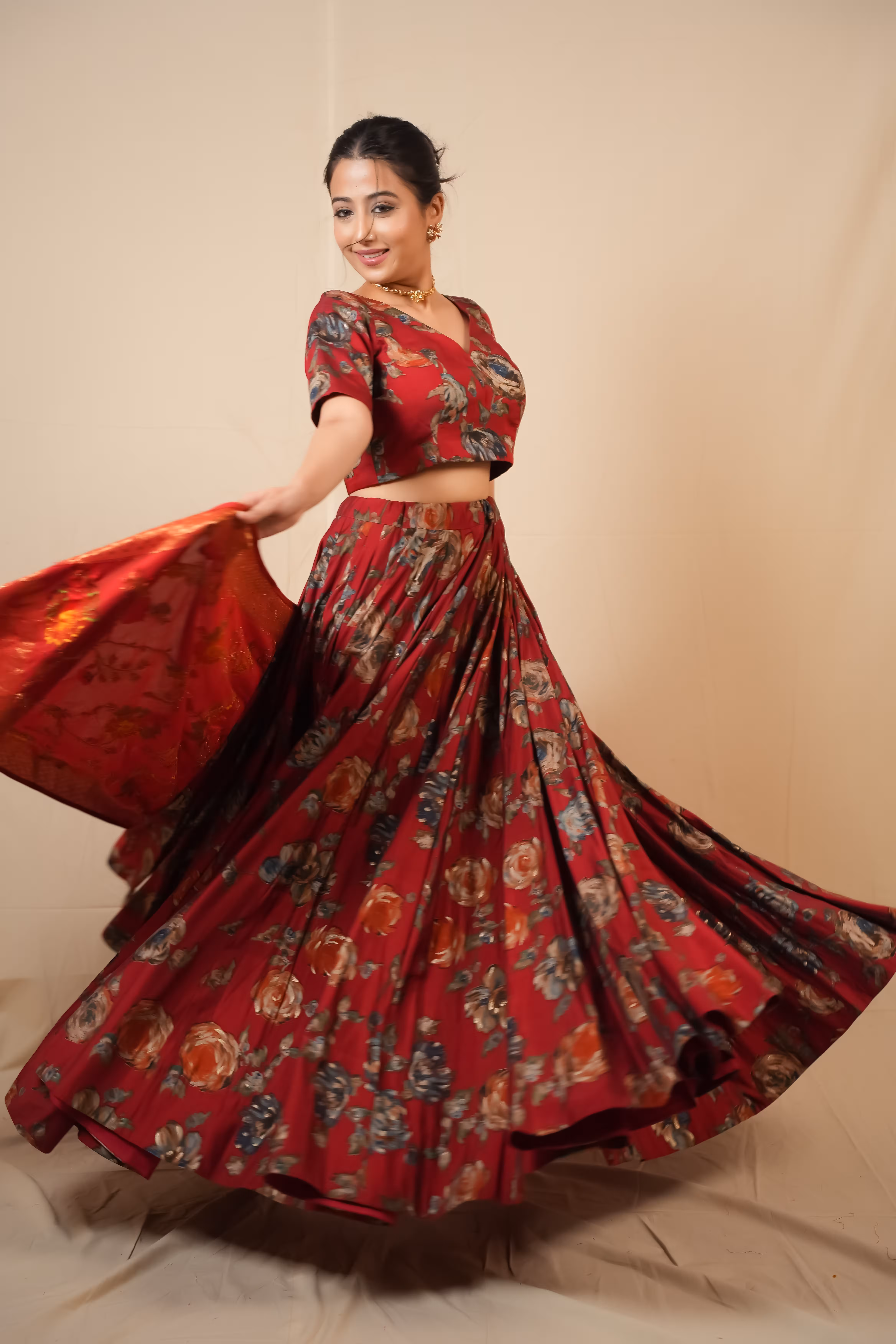 Gulnaar Maroon Floral Foil Lehenga Set  2