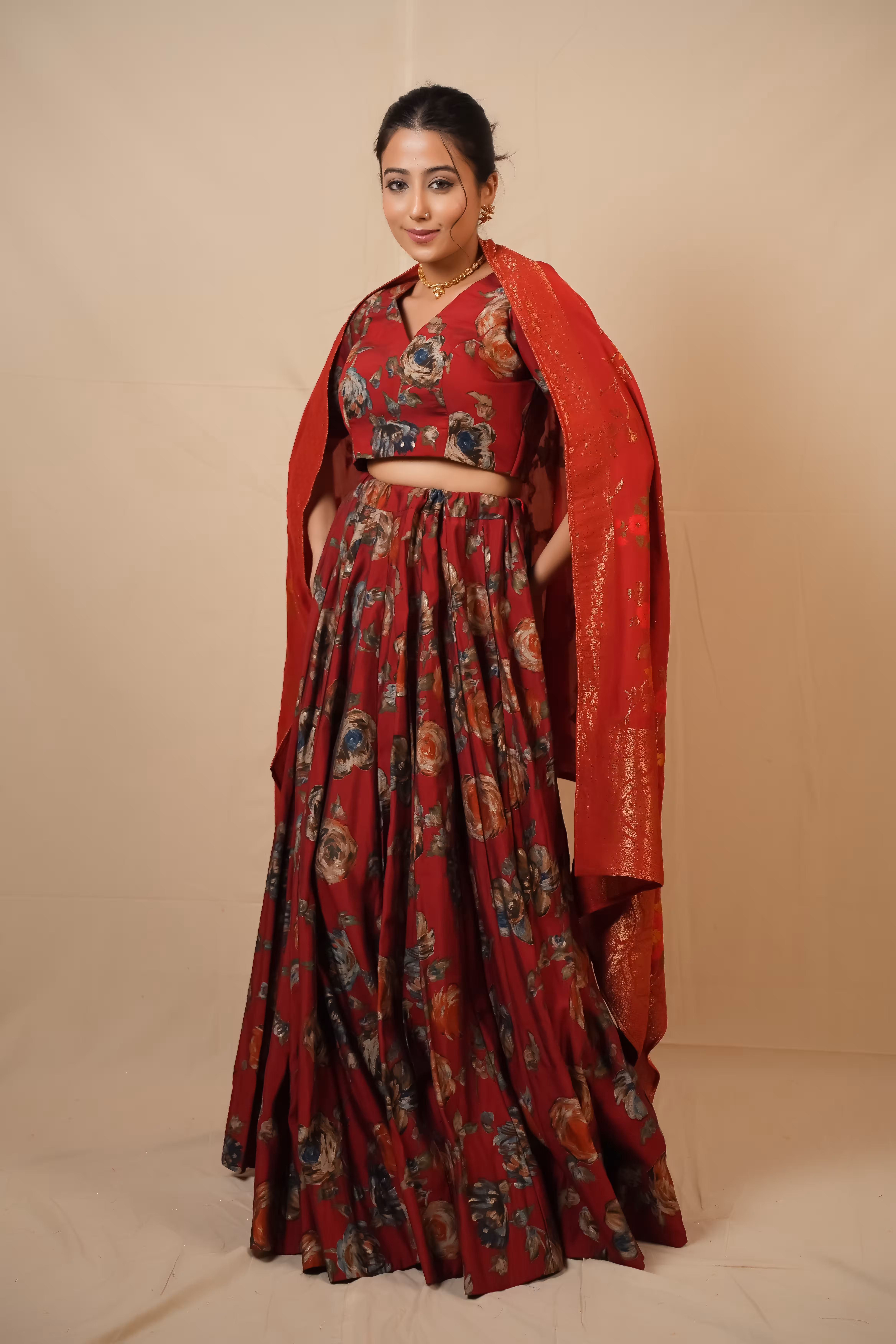 Gulnaar Maroon Floral Foil Lehenga Set  3