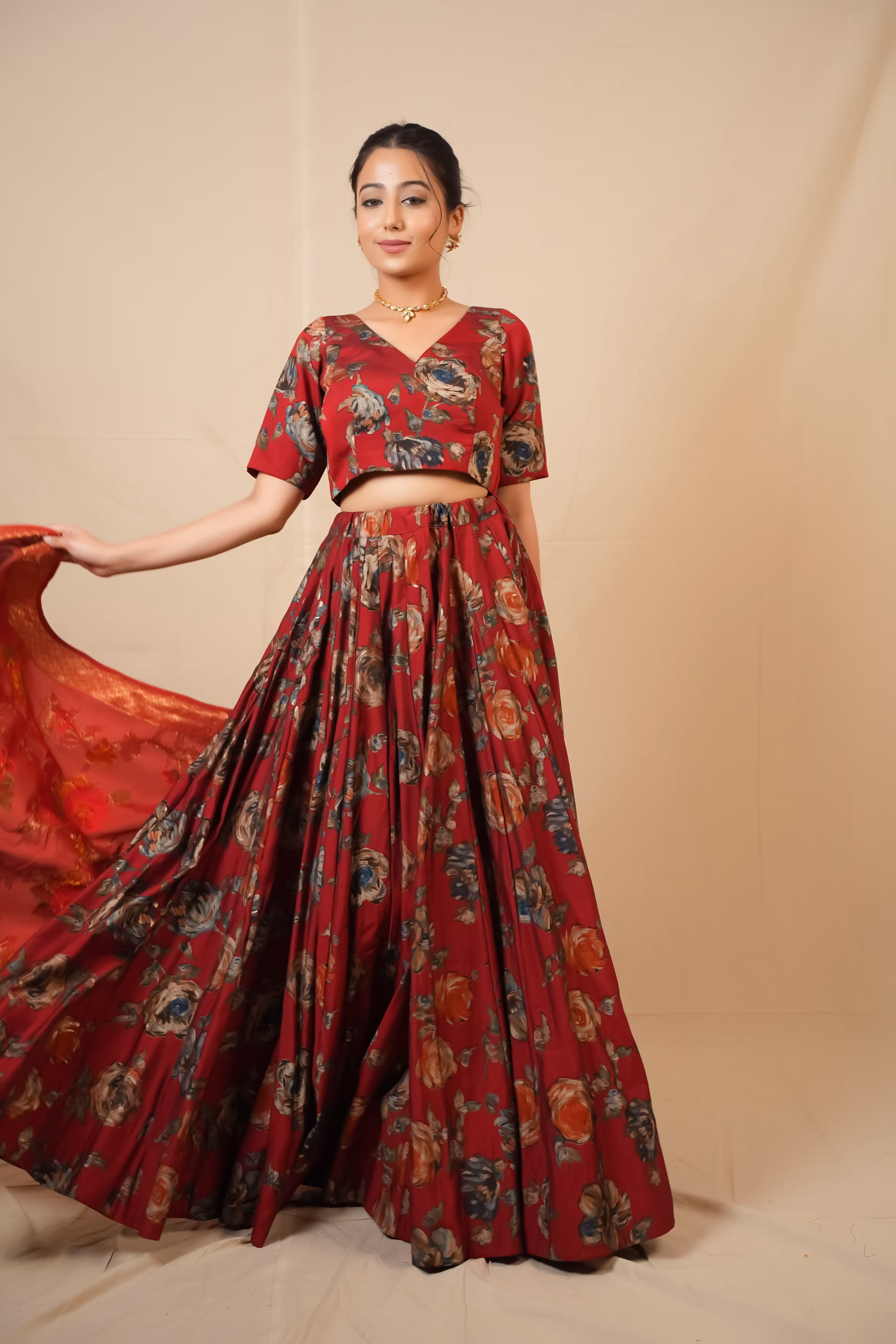 Gulnaar Maroon Floral Foil Lehenga Set  4