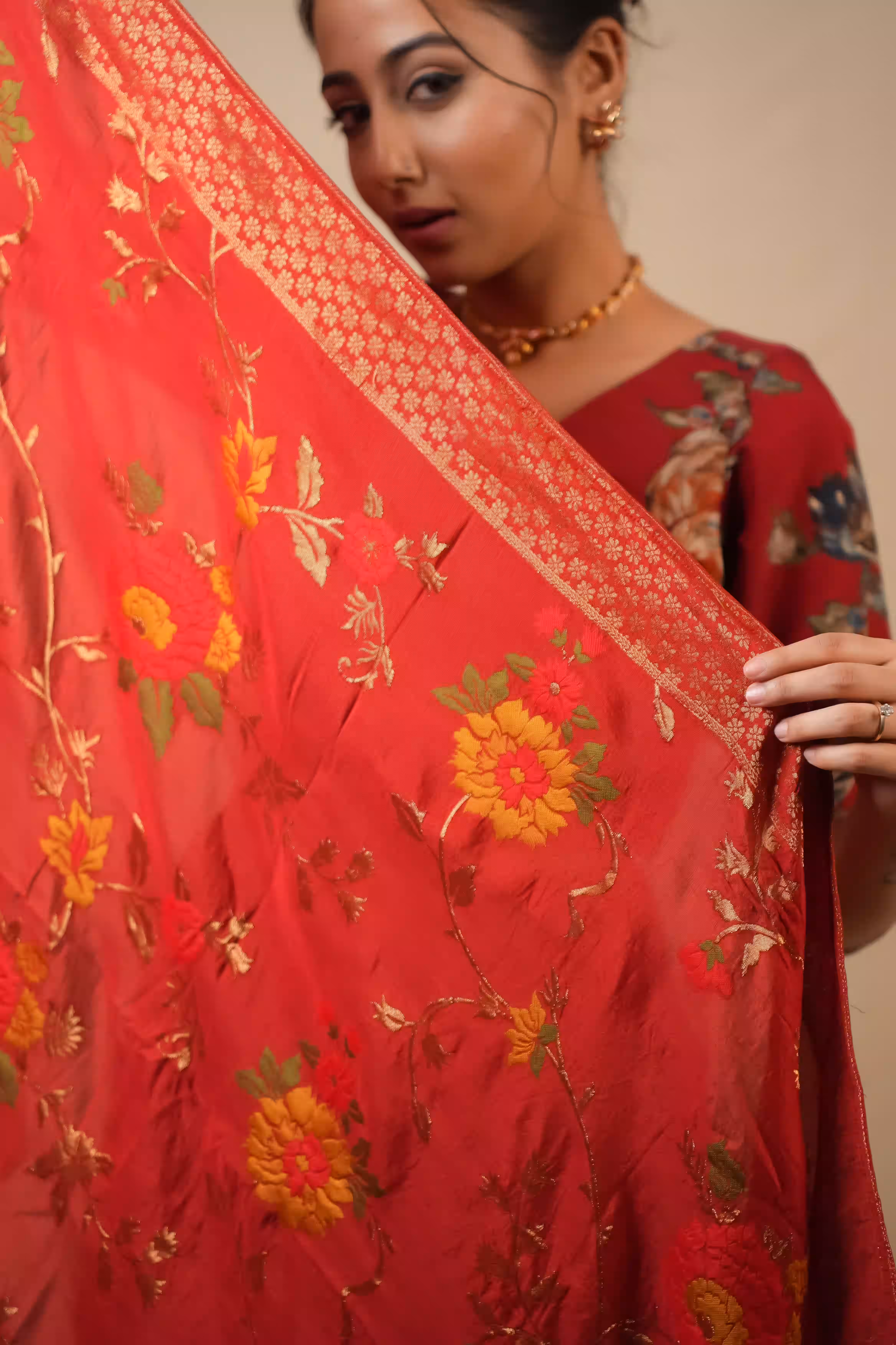Gulnaar Maroon Floral Foil Lehenga Set  5