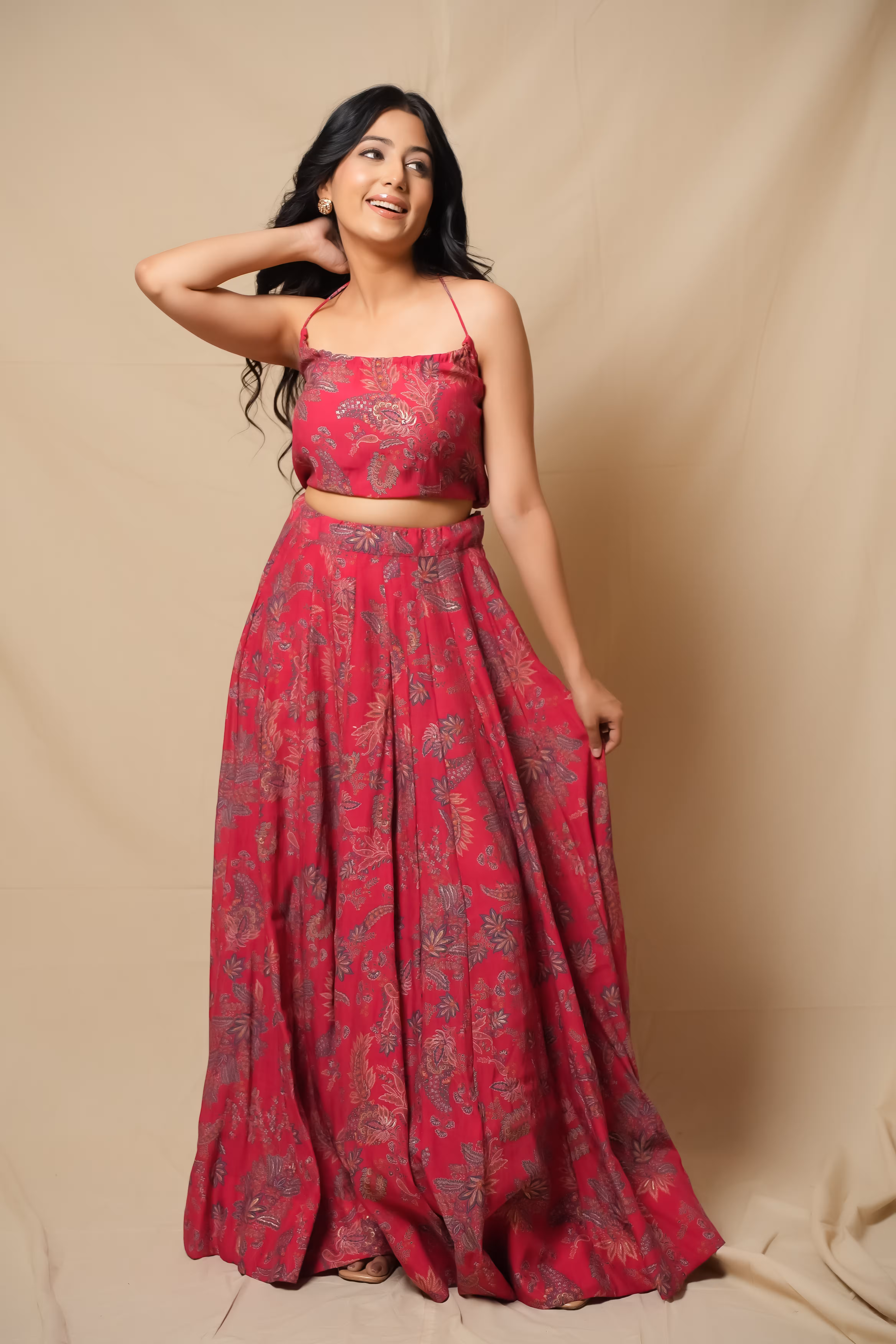 Pink Floral Paisley Skirt & Top Set in Silk Chiffon 2