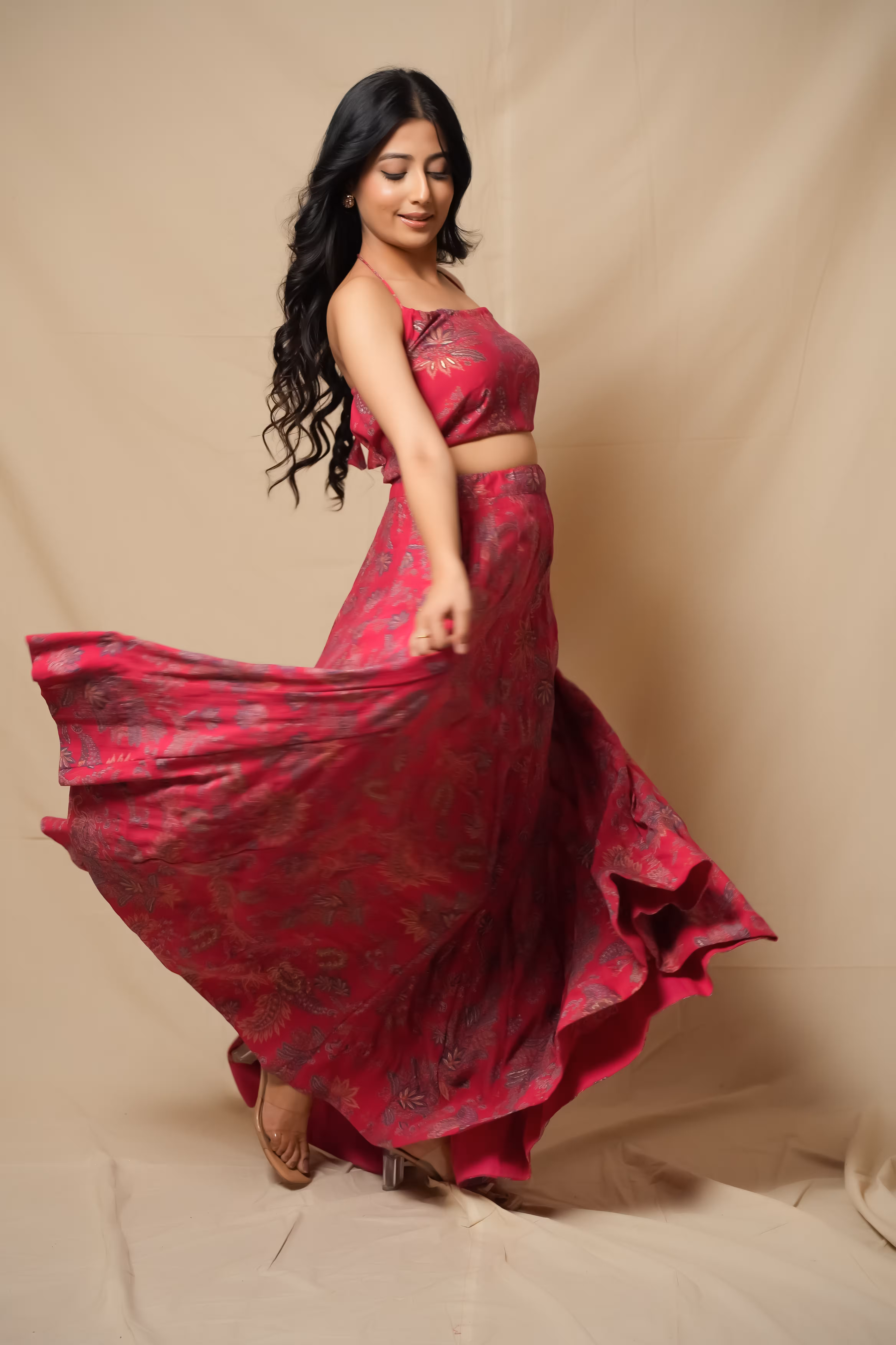 Pink Floral Paisley Skirt & Top Set in Silk Chiffon 3