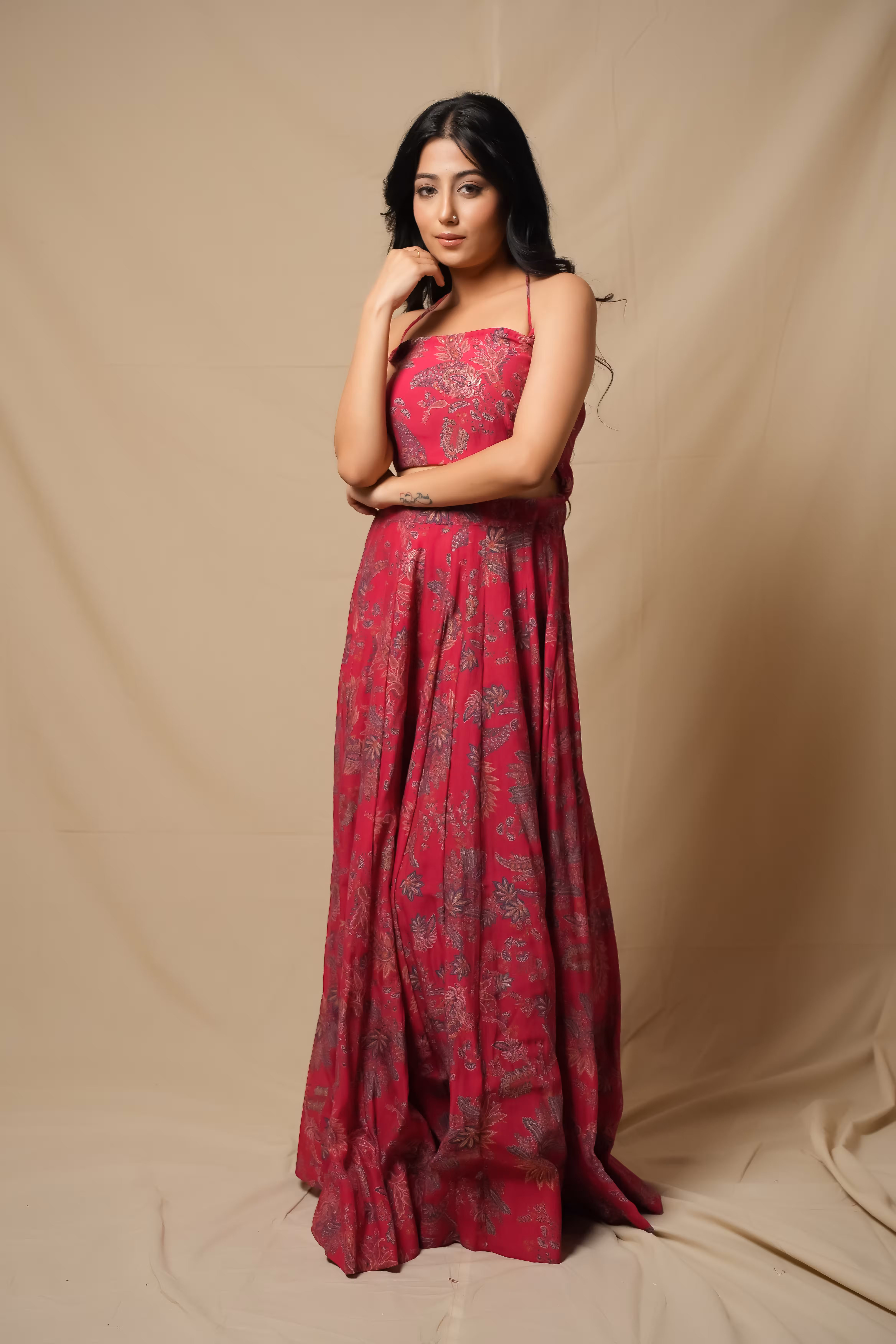 Pink Floral Paisley Skirt & Top Set in Silk Chiffon 4