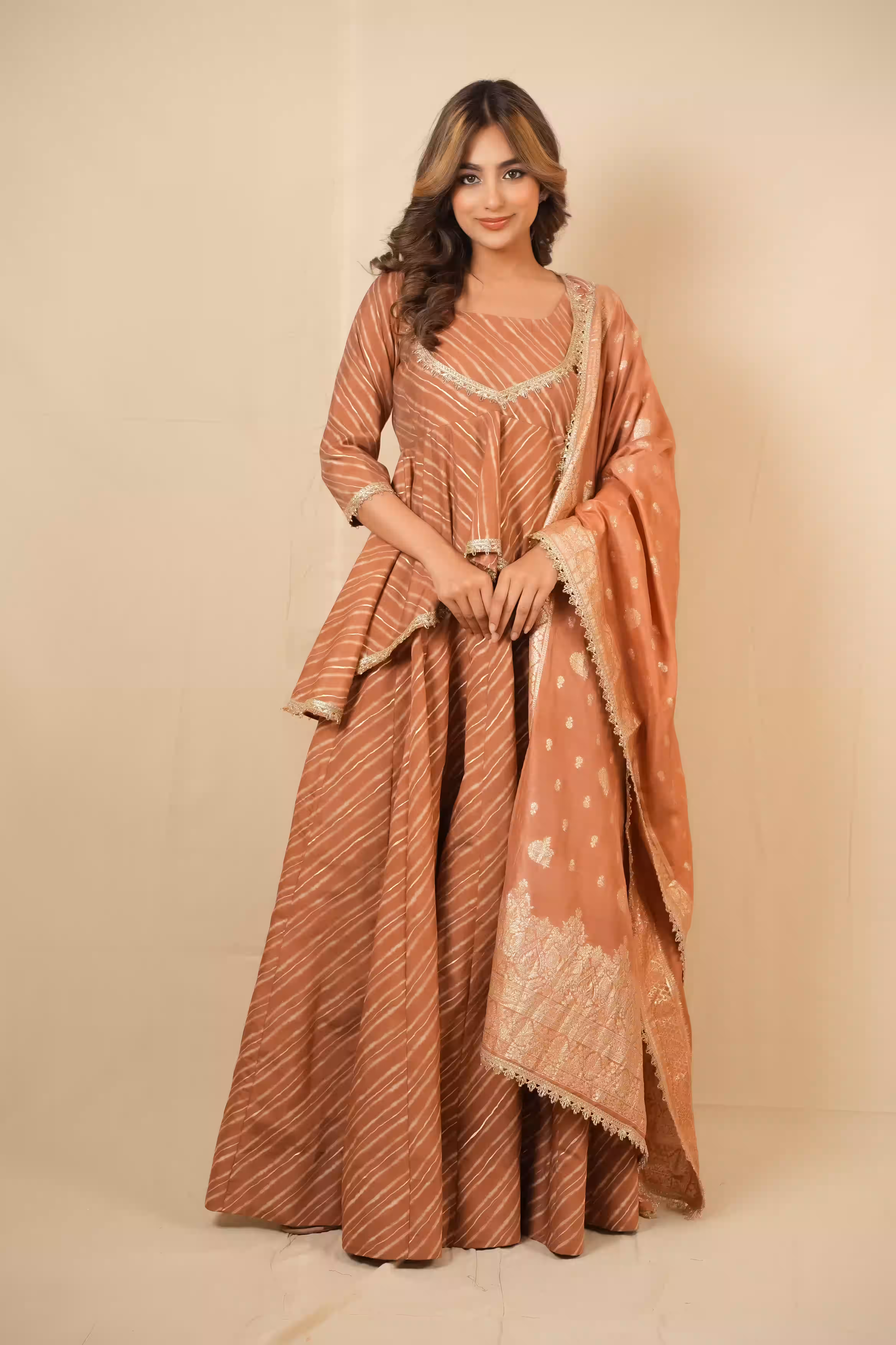 SUNEHRA PEACH LEHERIYA LEHENGA SET