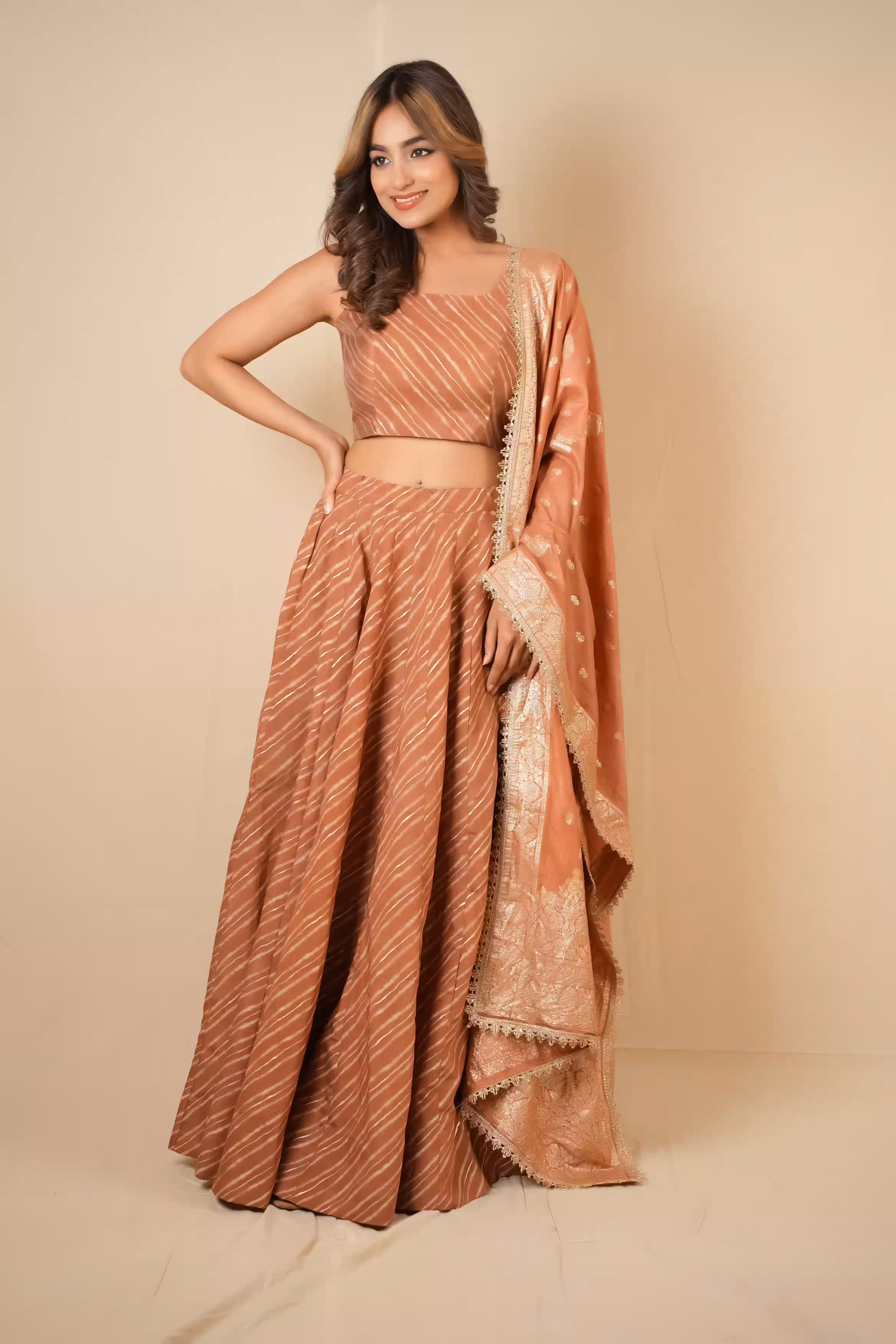 SUNEHRA PEACH LEHERIYA LEHENGA SET 6