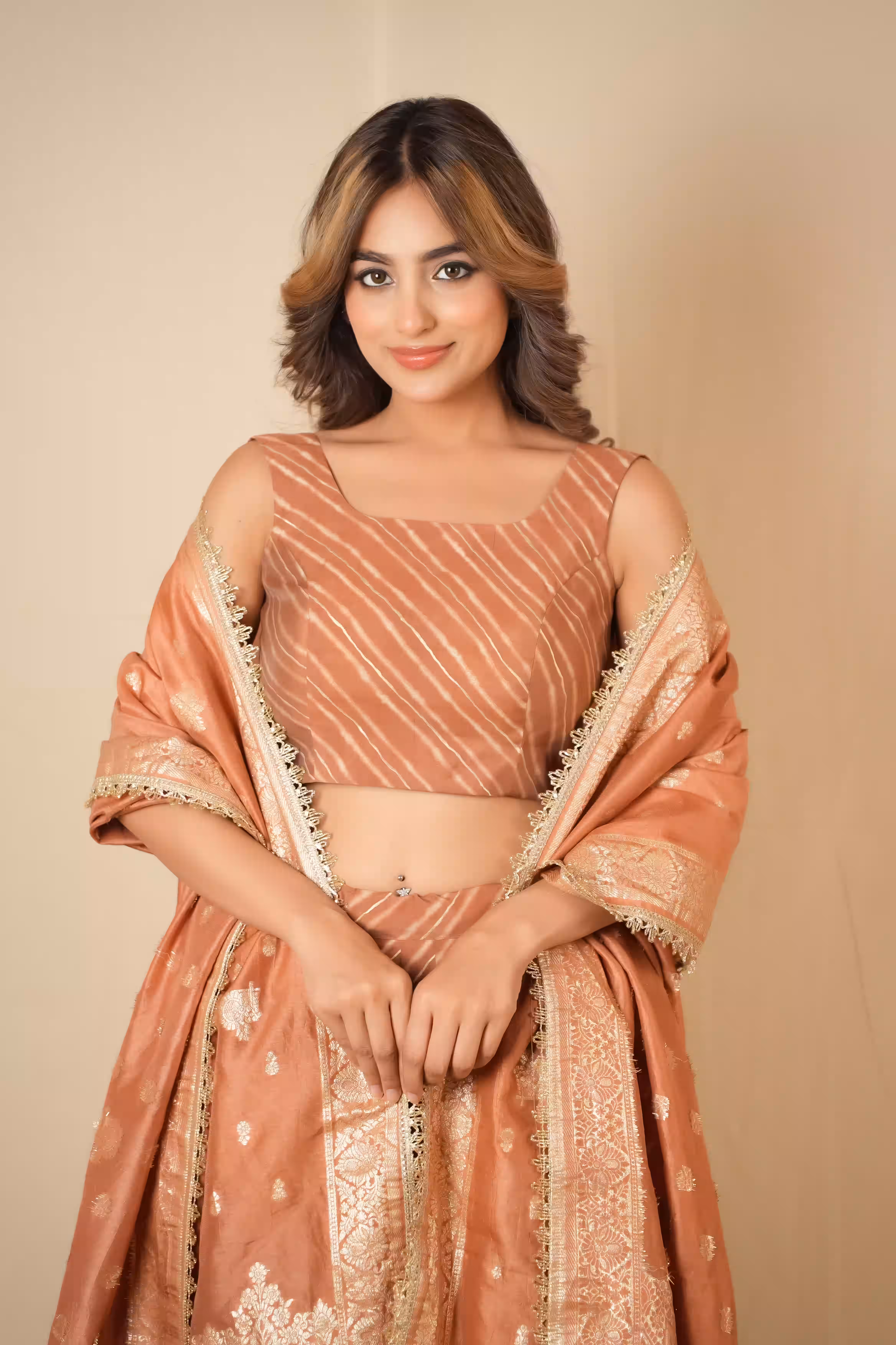 SUNEHRA PEACH LEHERIYA LEHENGA SET 8